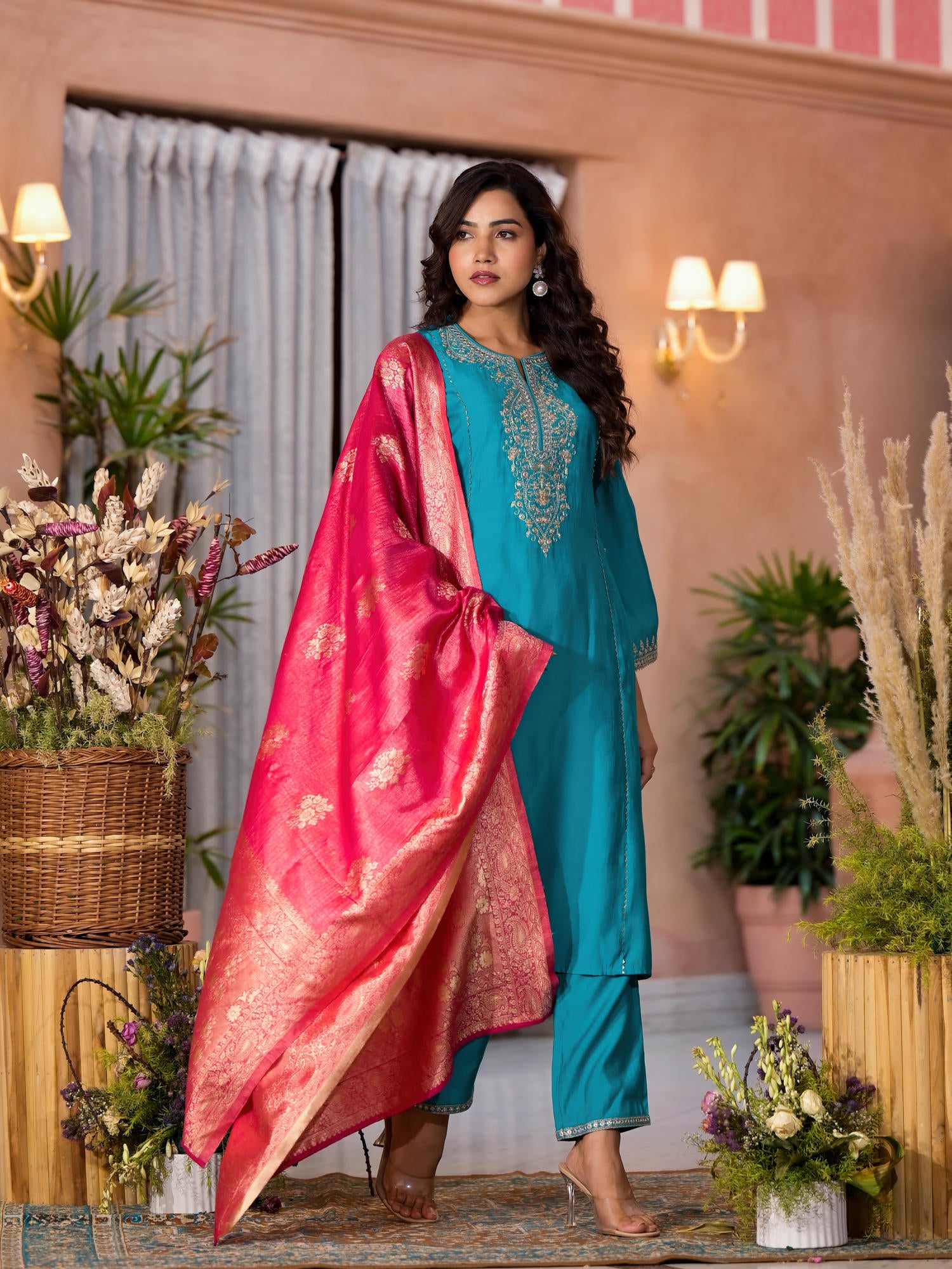 Turquoise Zari Embroidered Viscose Kurta Pant And Dupatta Set With Lace & Mirror Work