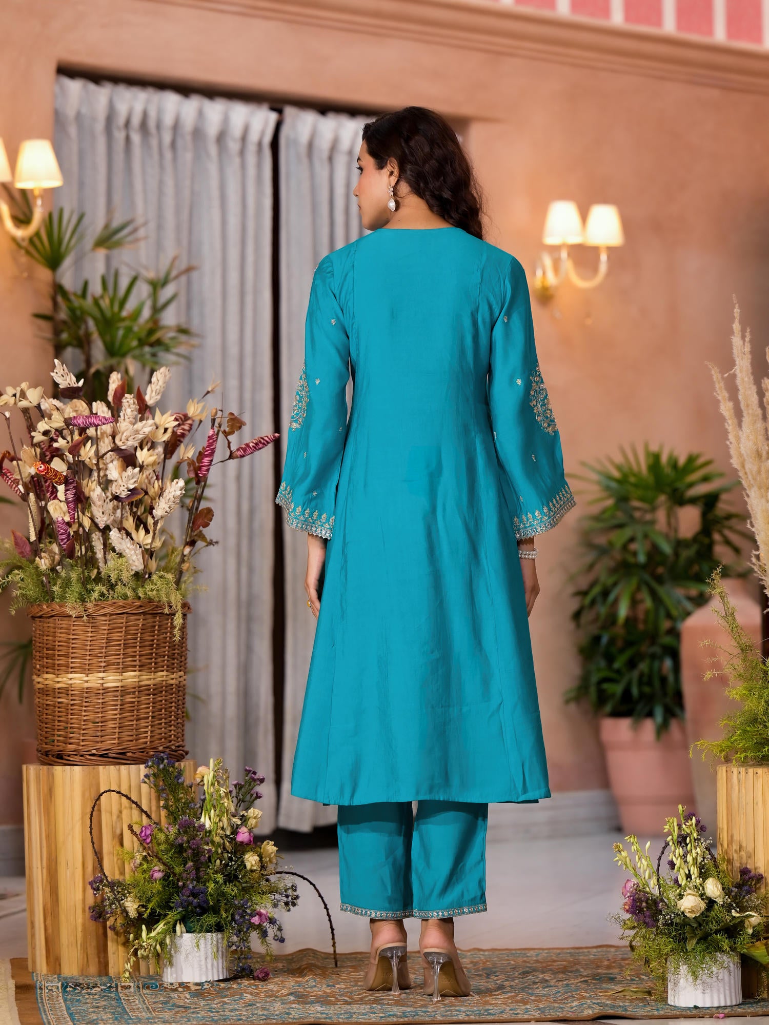 Turquoise Zari Embroidered Viscose Kurta Pant And Dupatta Set With Lace & Mirror Work