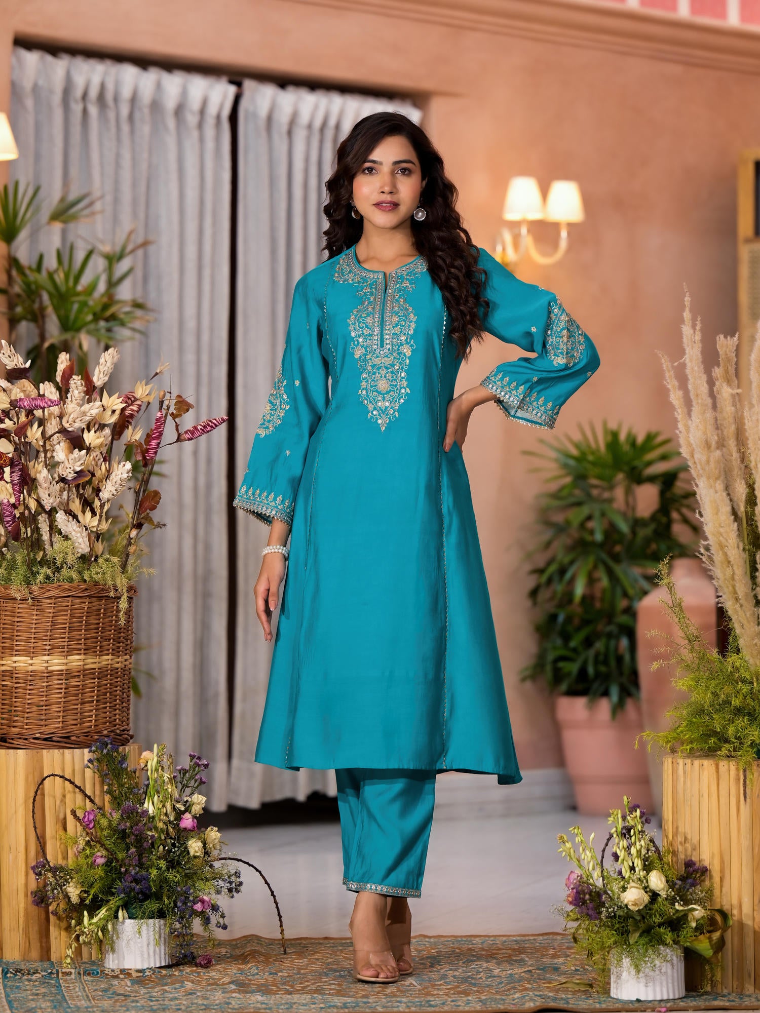 Turquoise Zari Embroidered Viscose Kurta Pant And Dupatta Set With Lace & Mirror Work