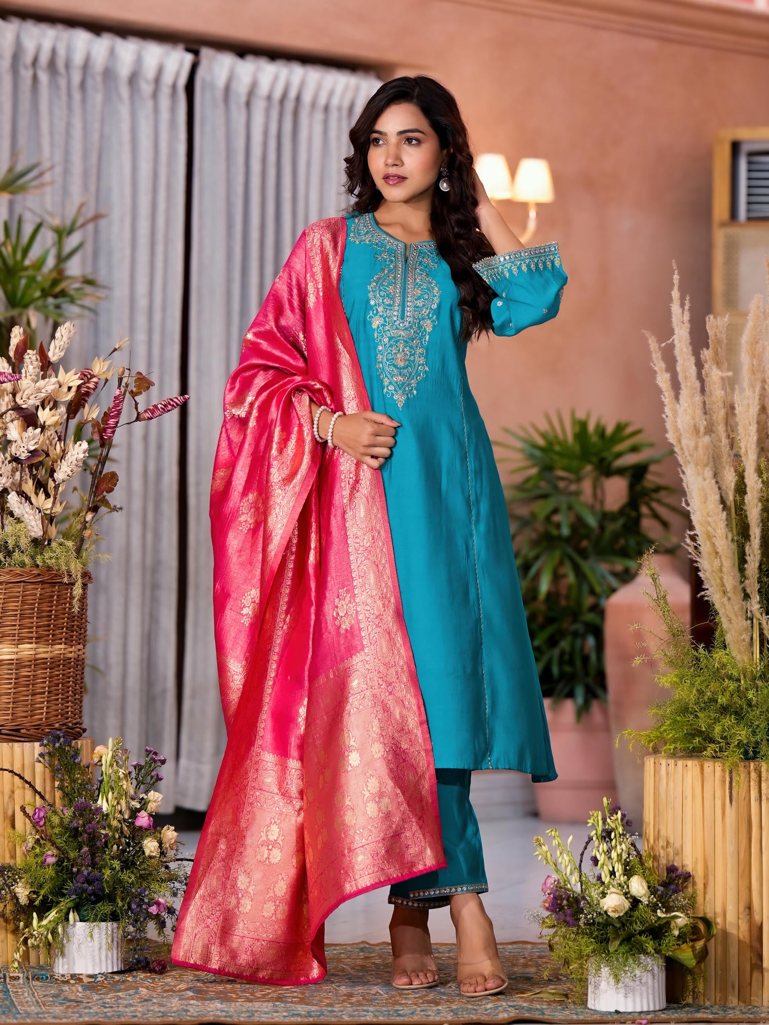 Turquoise Zari Embroidered Viscose Kurta Pant And Dupatta Set With Lace & Mirror Work