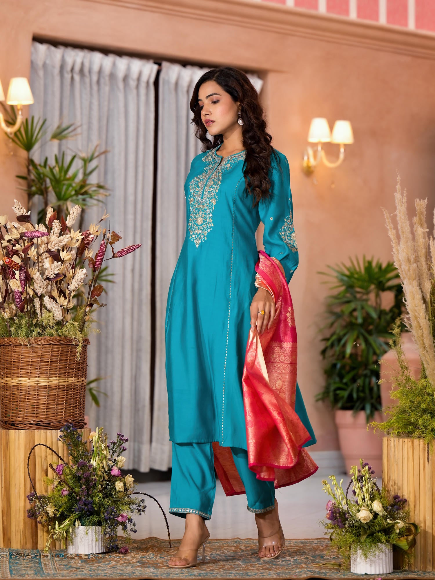 Turquoise Zari Embroidered Viscose Kurta Pant And Dupatta Set With Lace & Mirror Work