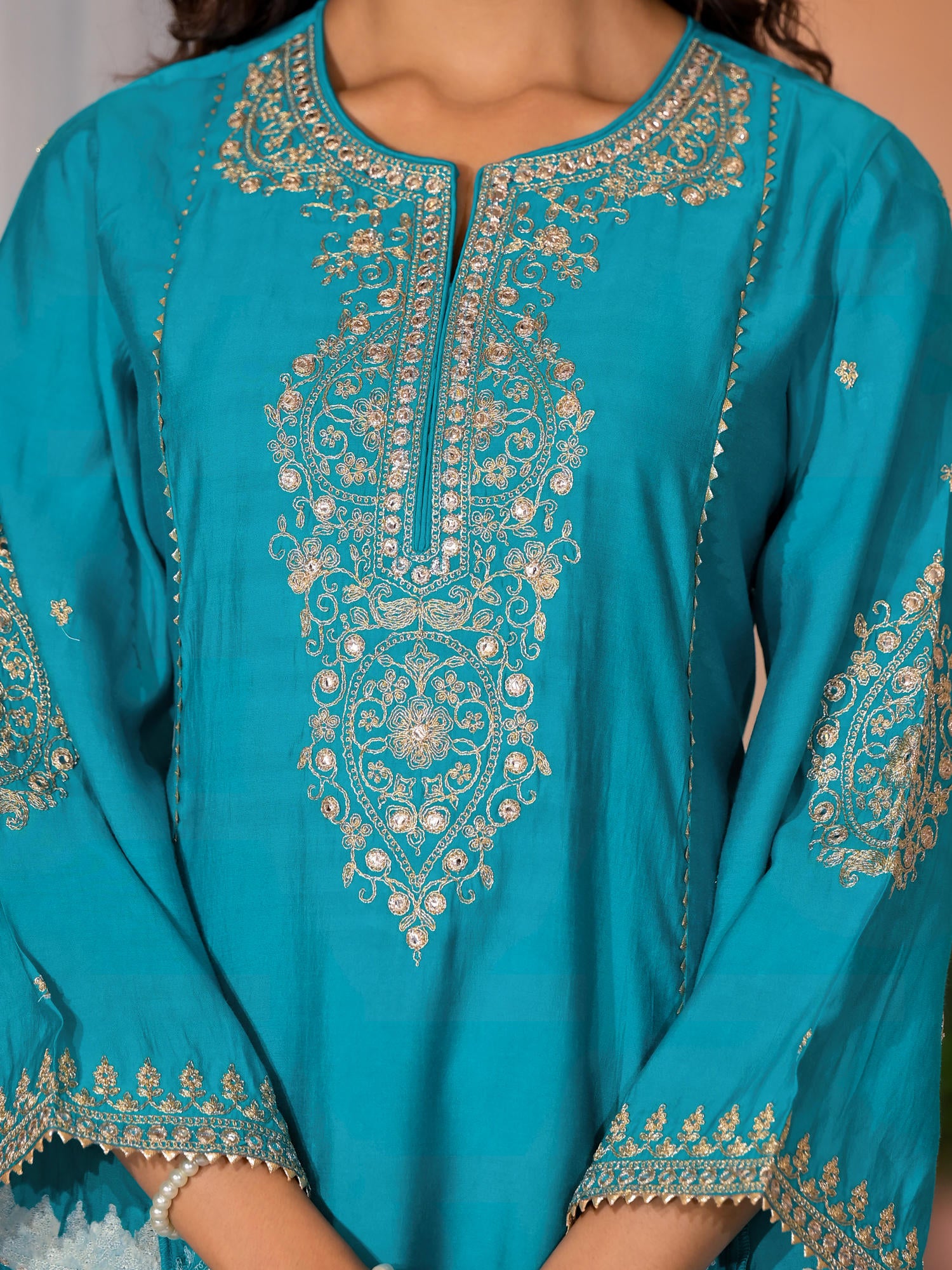 Turquoise Zari Embroidered Viscose Kurta Pant And Dupatta Set With Lace & Mirror Work