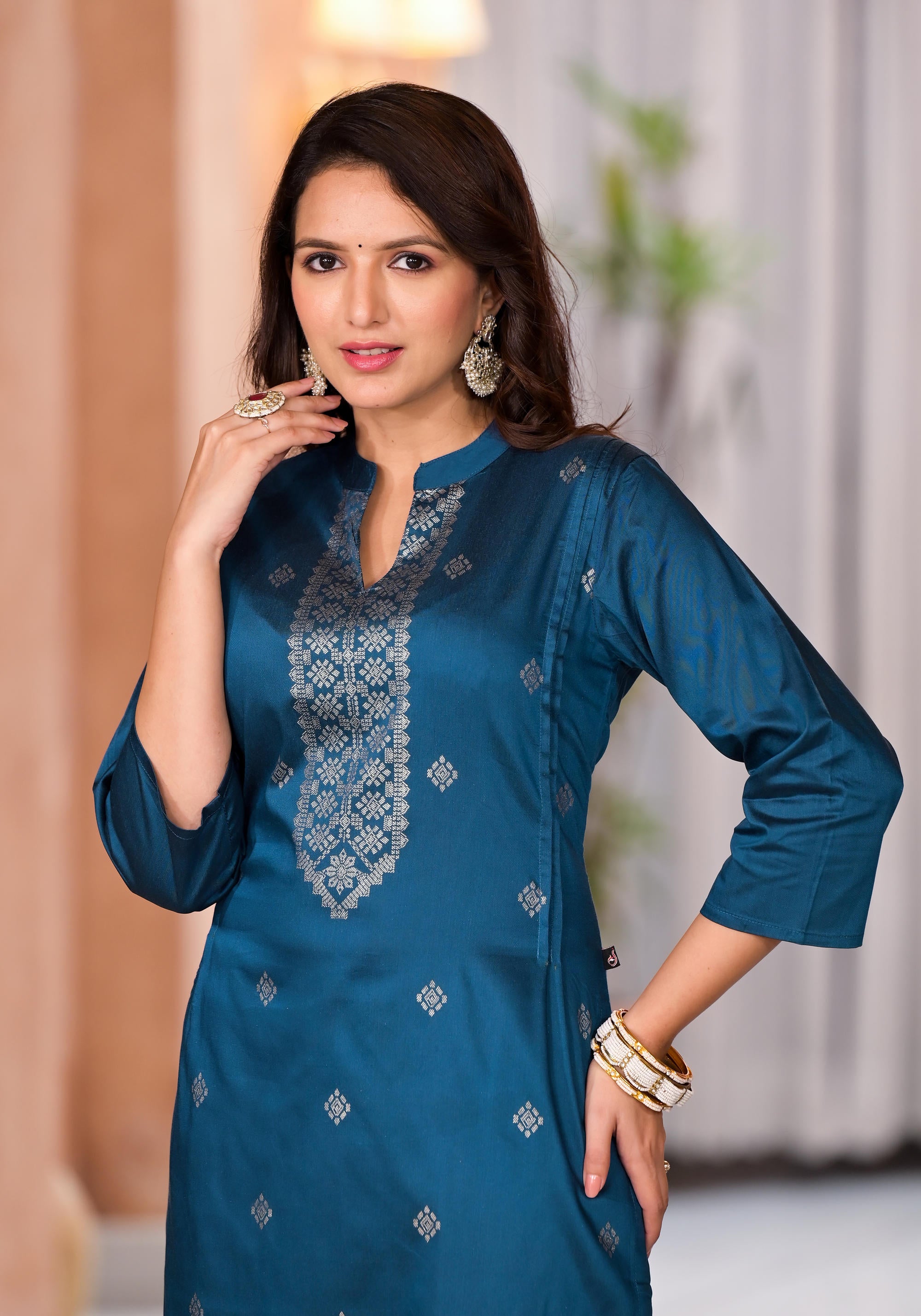 Teal Ethnic Motif Printed Cotton Kurta & Pant Set