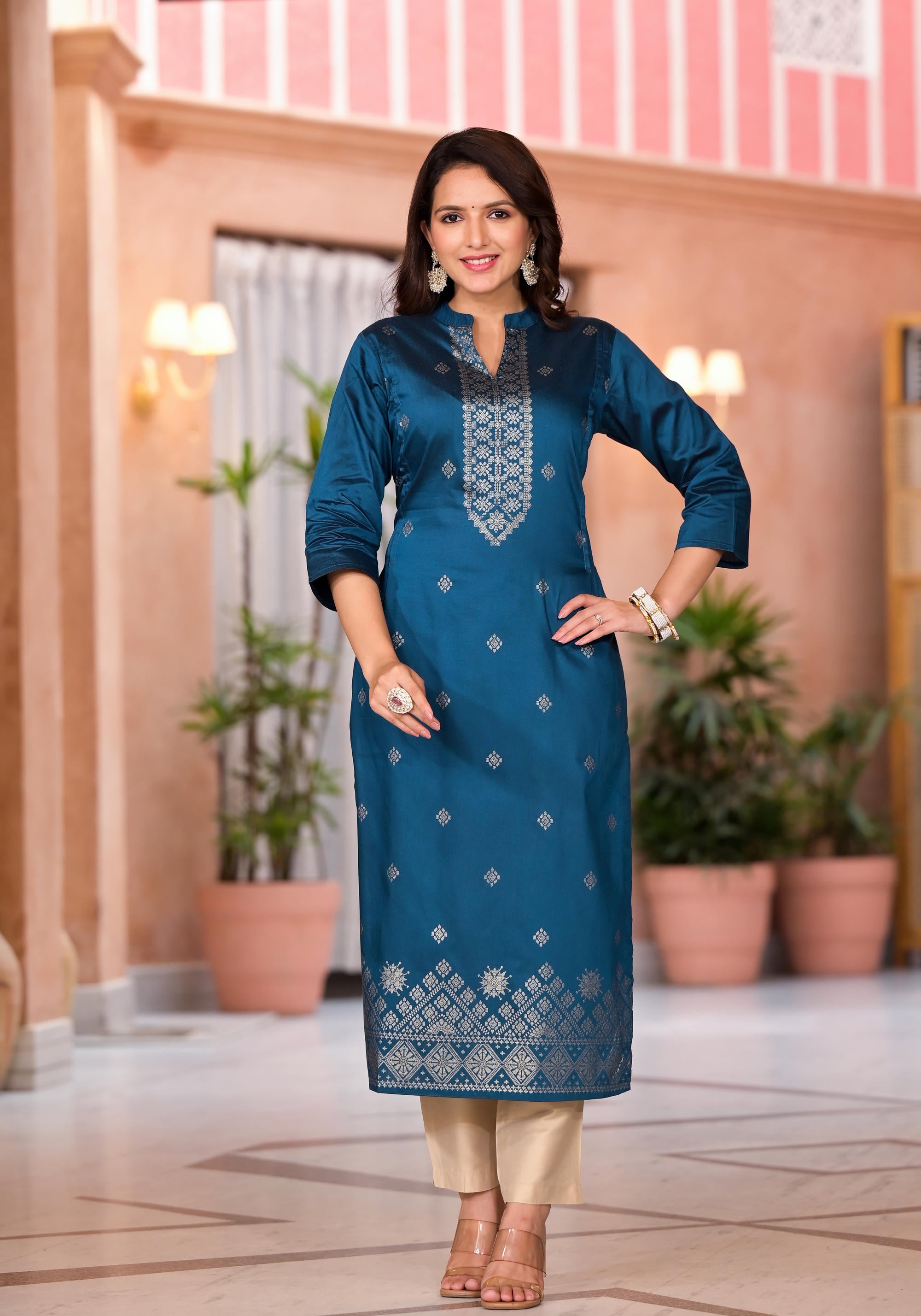 Teal Ethnic Motif Printed Cotton Kurta & Pant Set