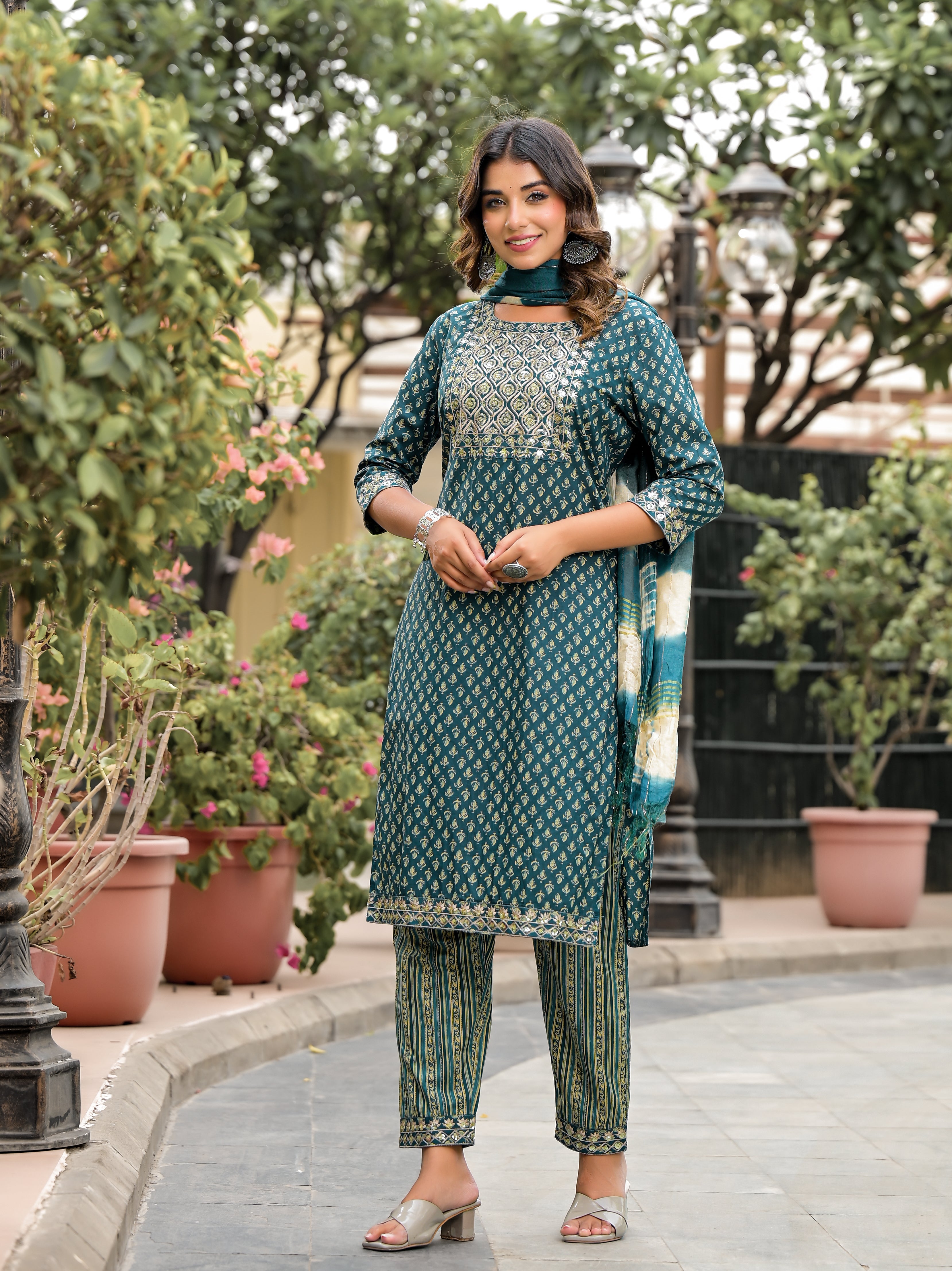 Juniper Green Ethnic Motif Printed Cotton Kurta, Pant And Dupatta Set With Zari Work & Sequins