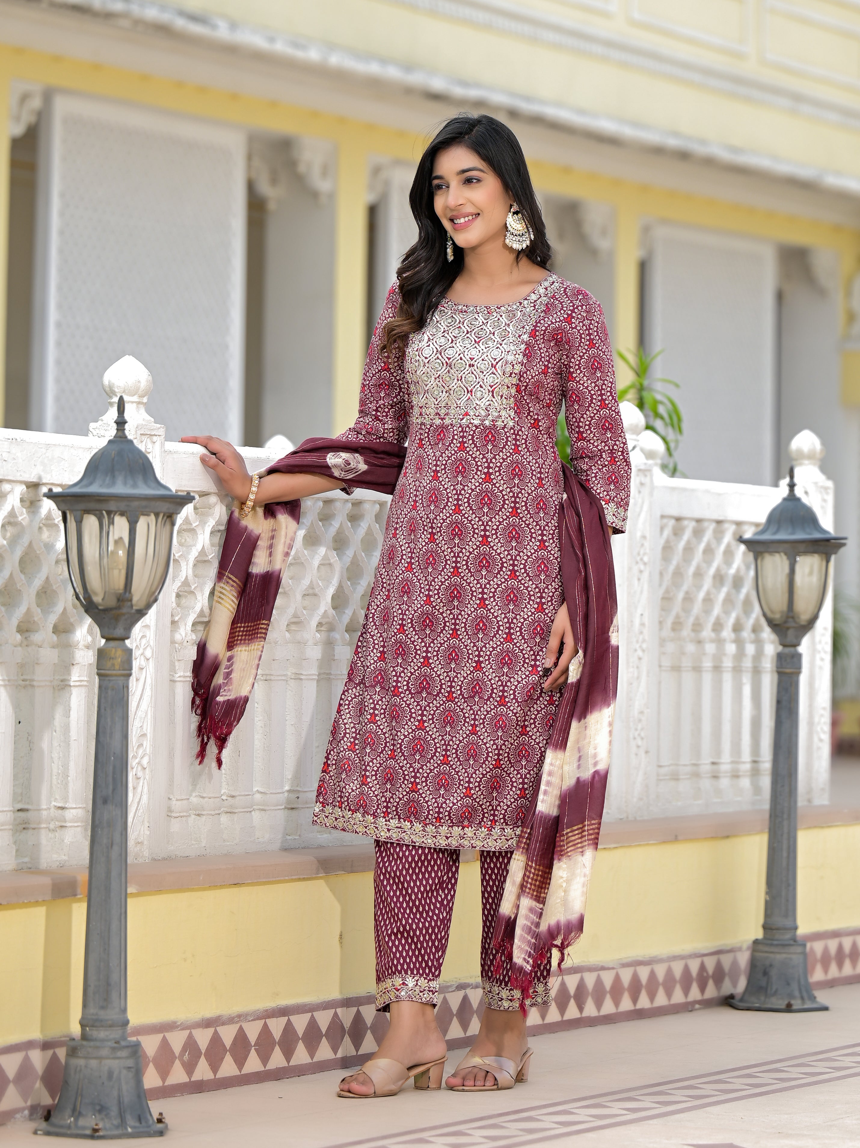 Juniper Wine Ethnic Motif Printed Cotton Kurta, Pant And Dupatta Set With Zari Work & Sequins