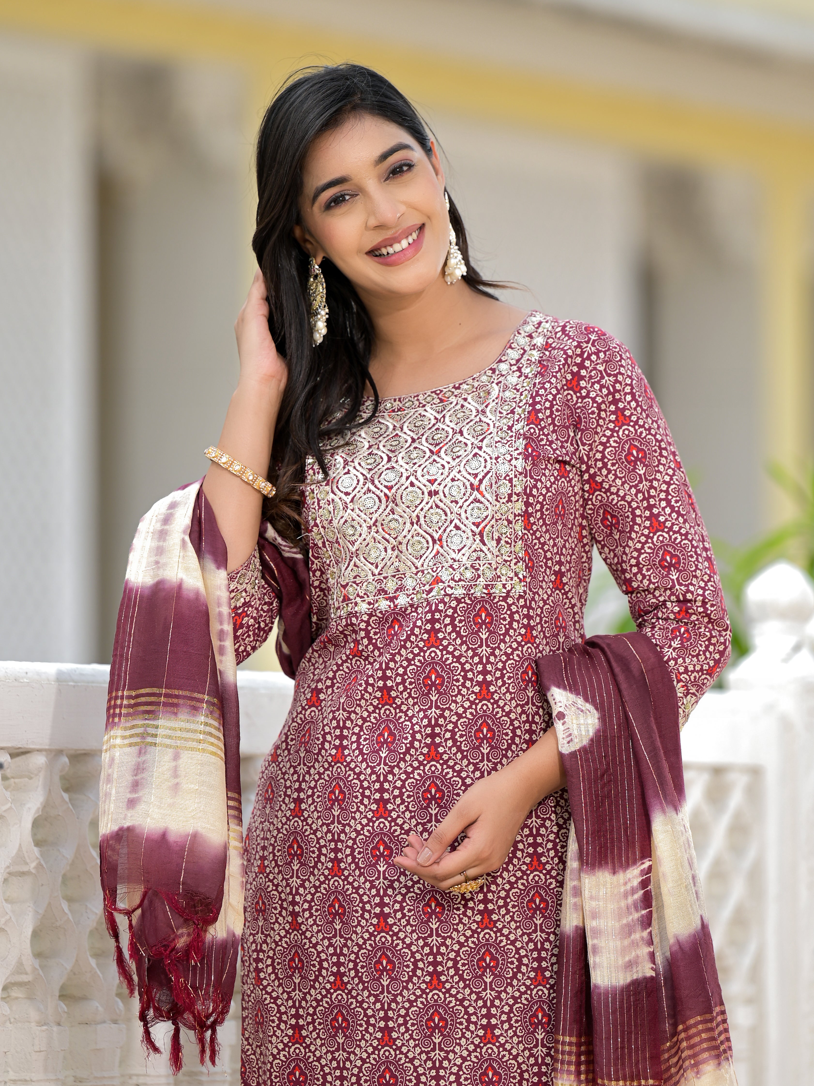 Juniper Wine Ethnic Motif Printed Cotton Kurta, Pant And Dupatta Set With Zari Work & Sequins