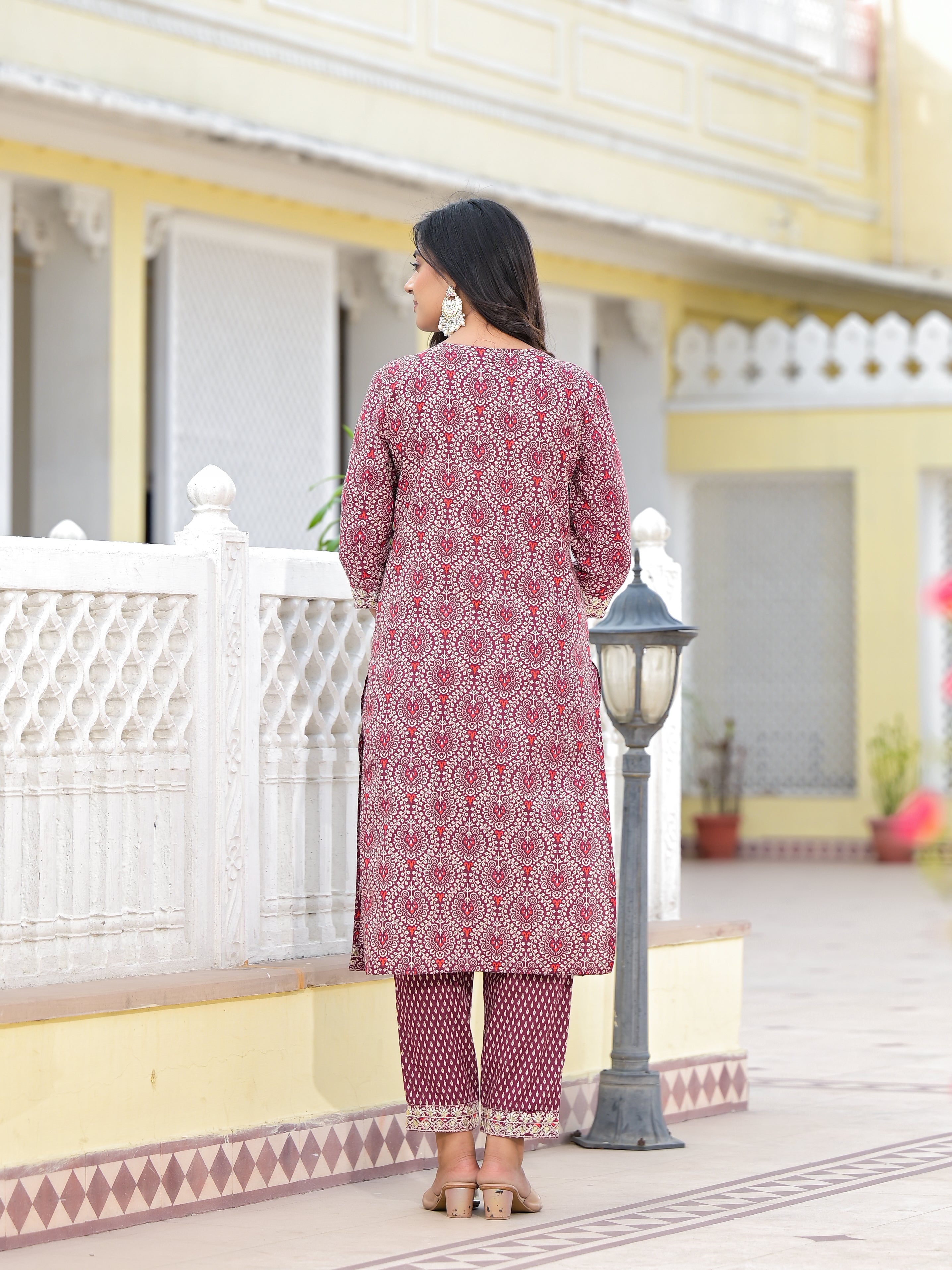 Juniper Wine Ethnic Motif Printed Cotton Kurta, Pant And Dupatta Set With Zari Work & Sequins