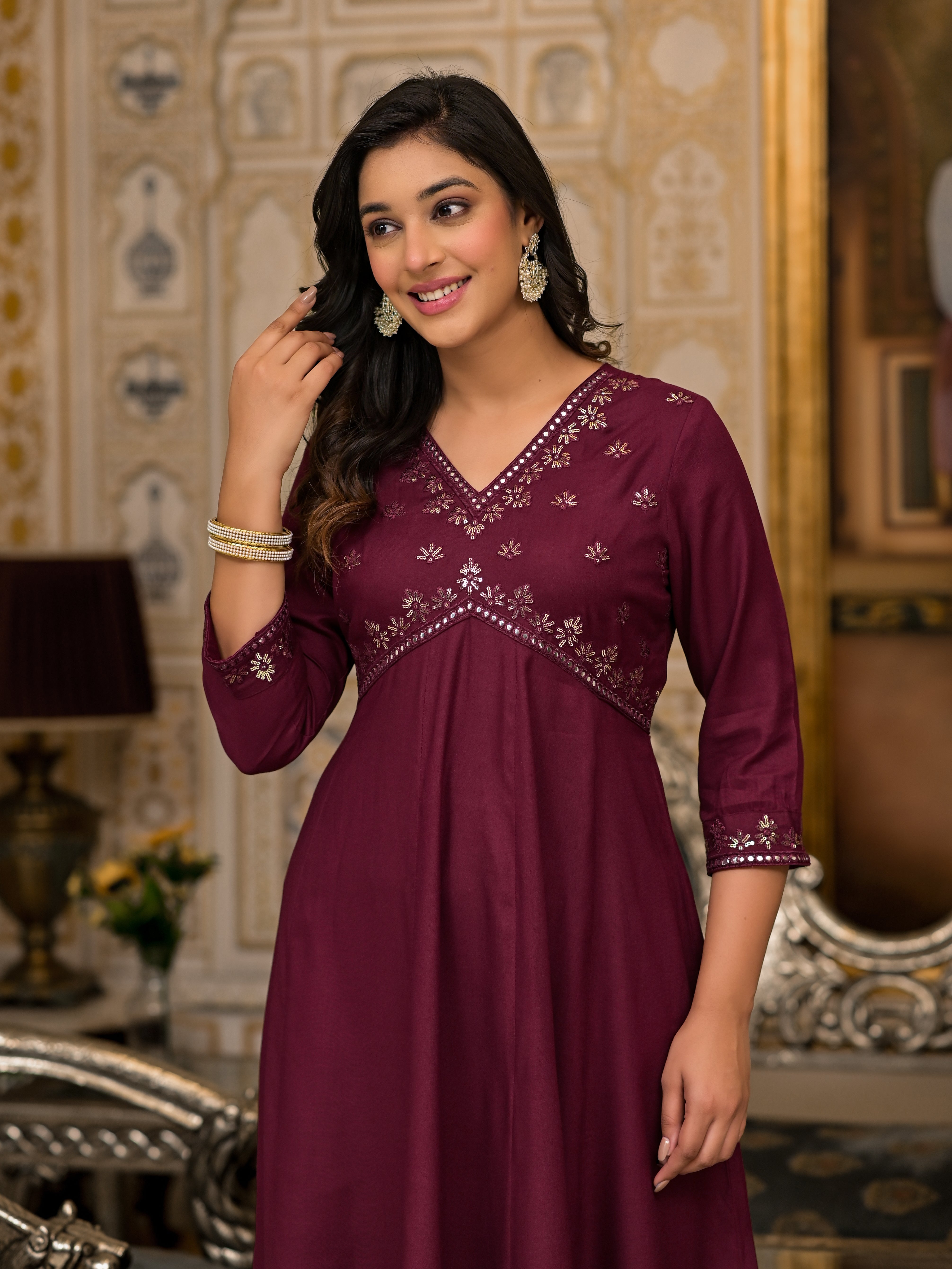 Juniper Wine Mirror Embroidered Rayon Dress For Women With Sequins