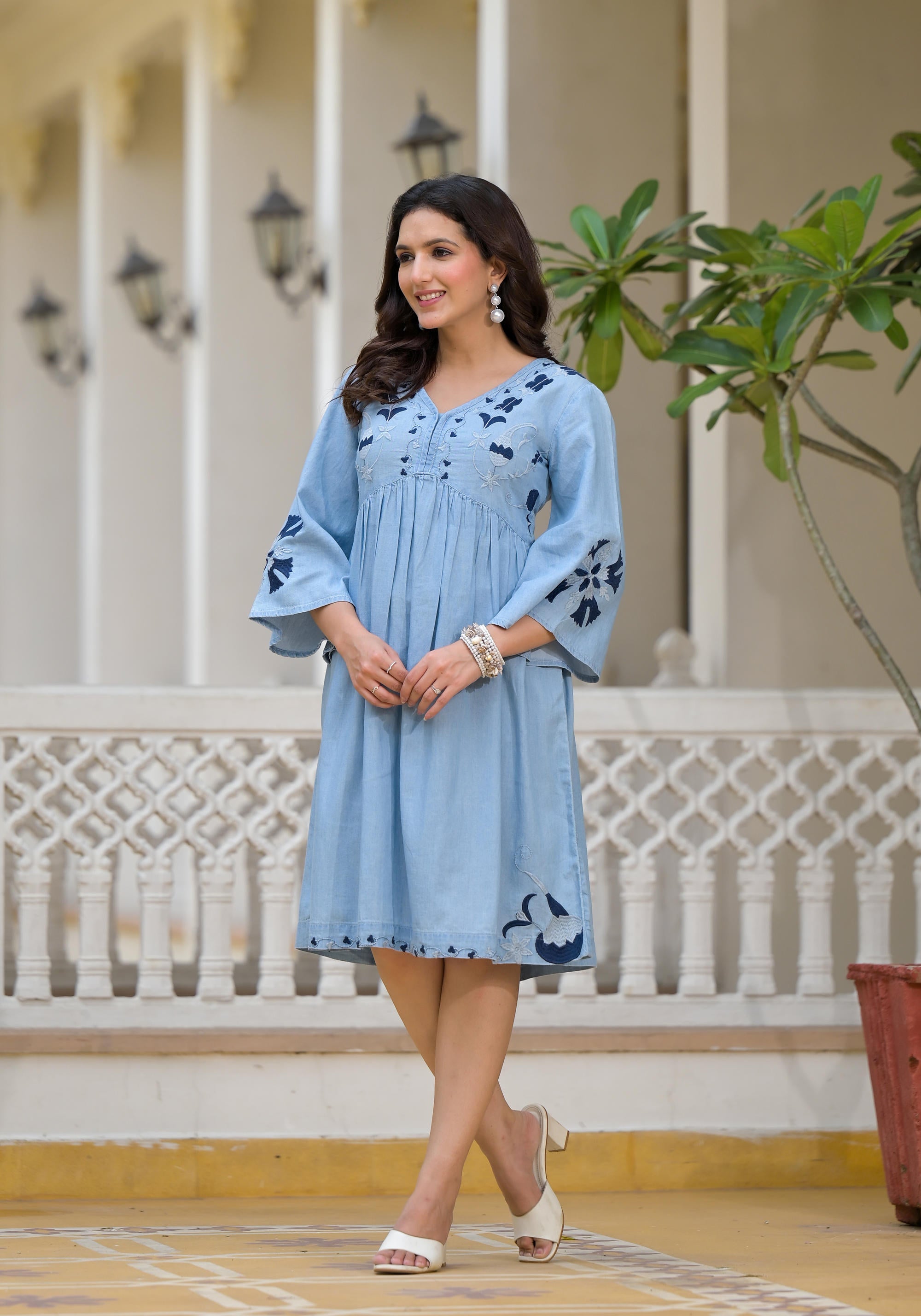 Blue Thread Embroidered Cotton Denim Dress