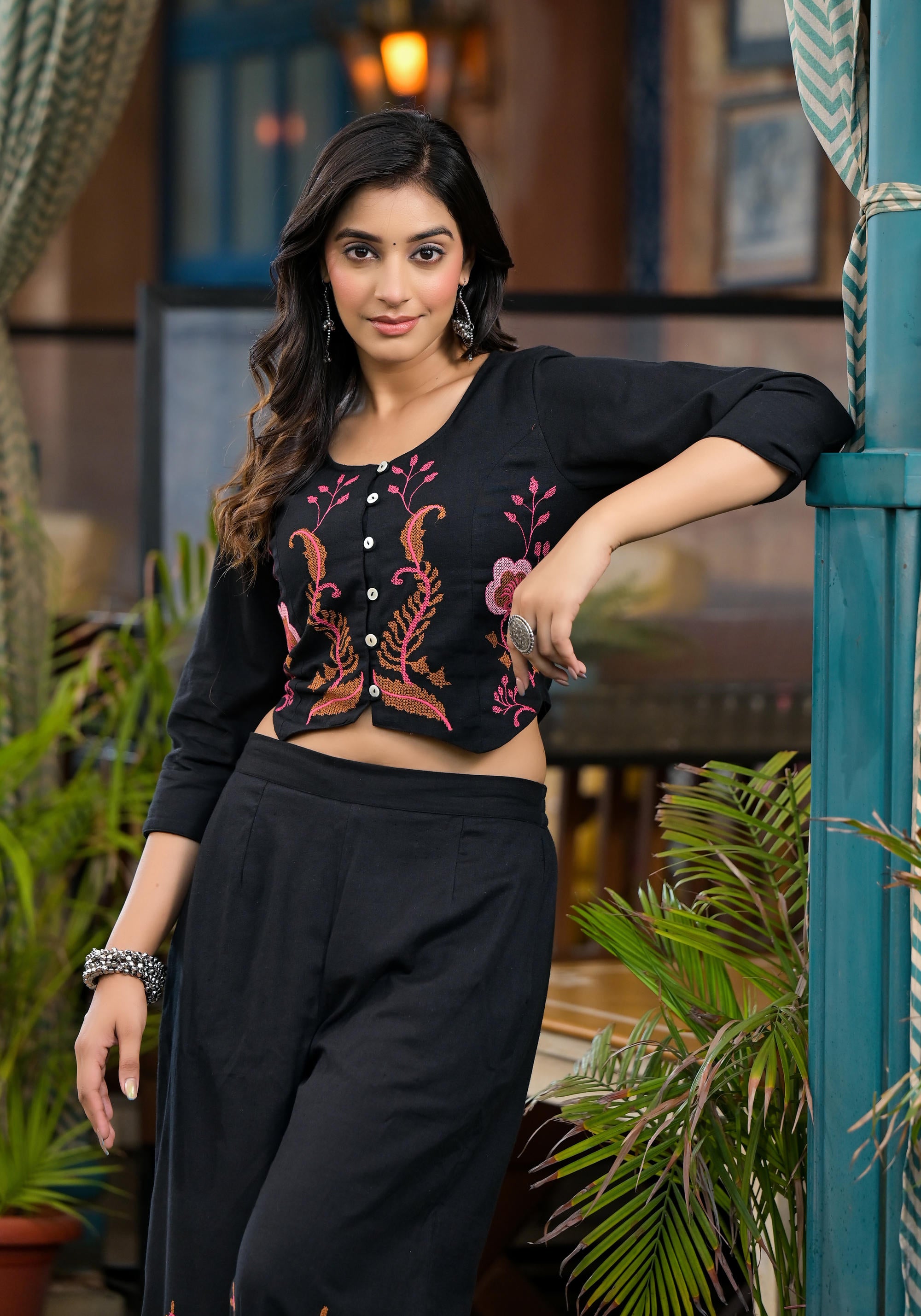 Black Thread Embroidered Cotton Top & Palazzo Set With Button Detail