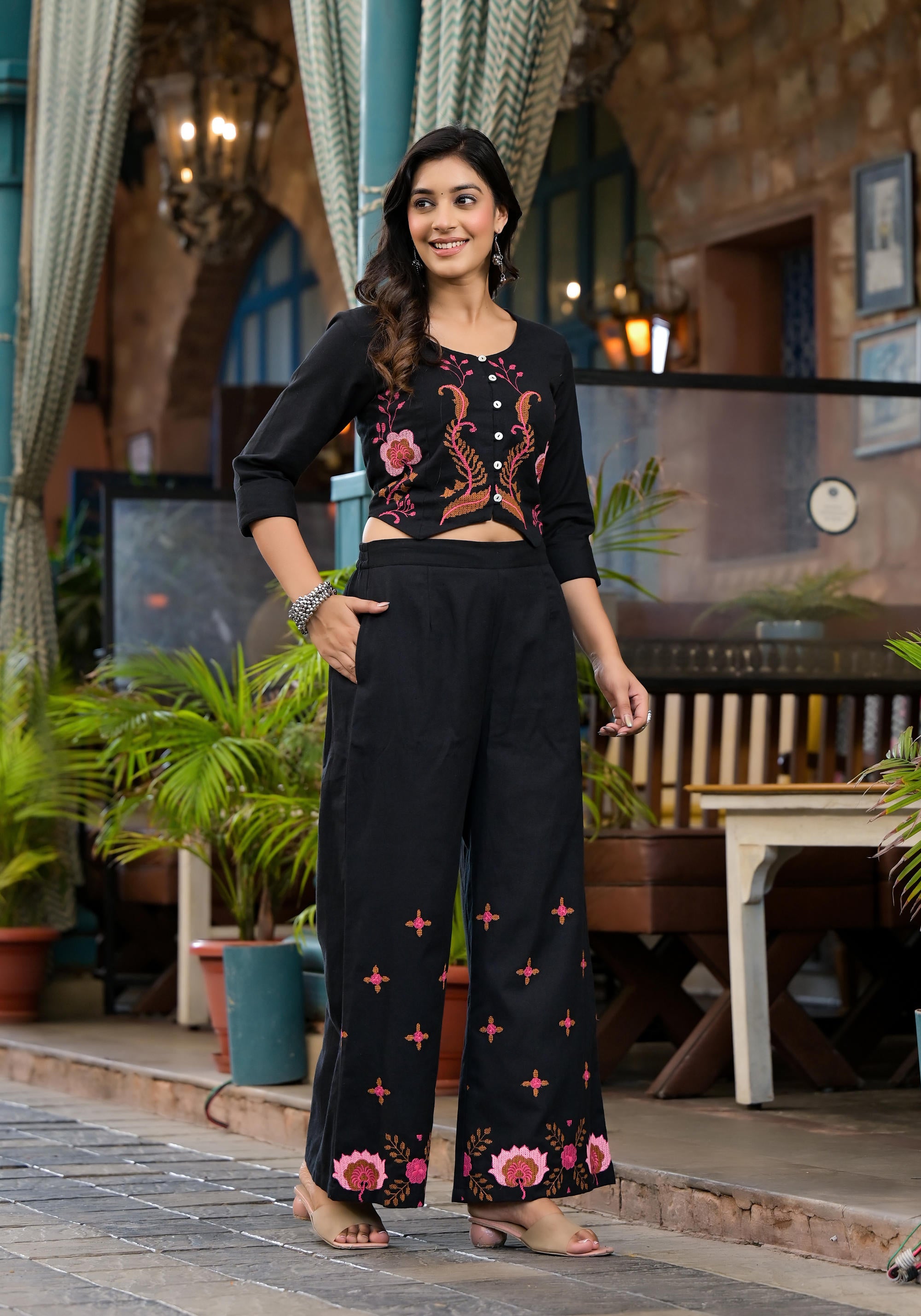 Black Thread Embroidered Cotton Top & Palazzo Set With Button Detail