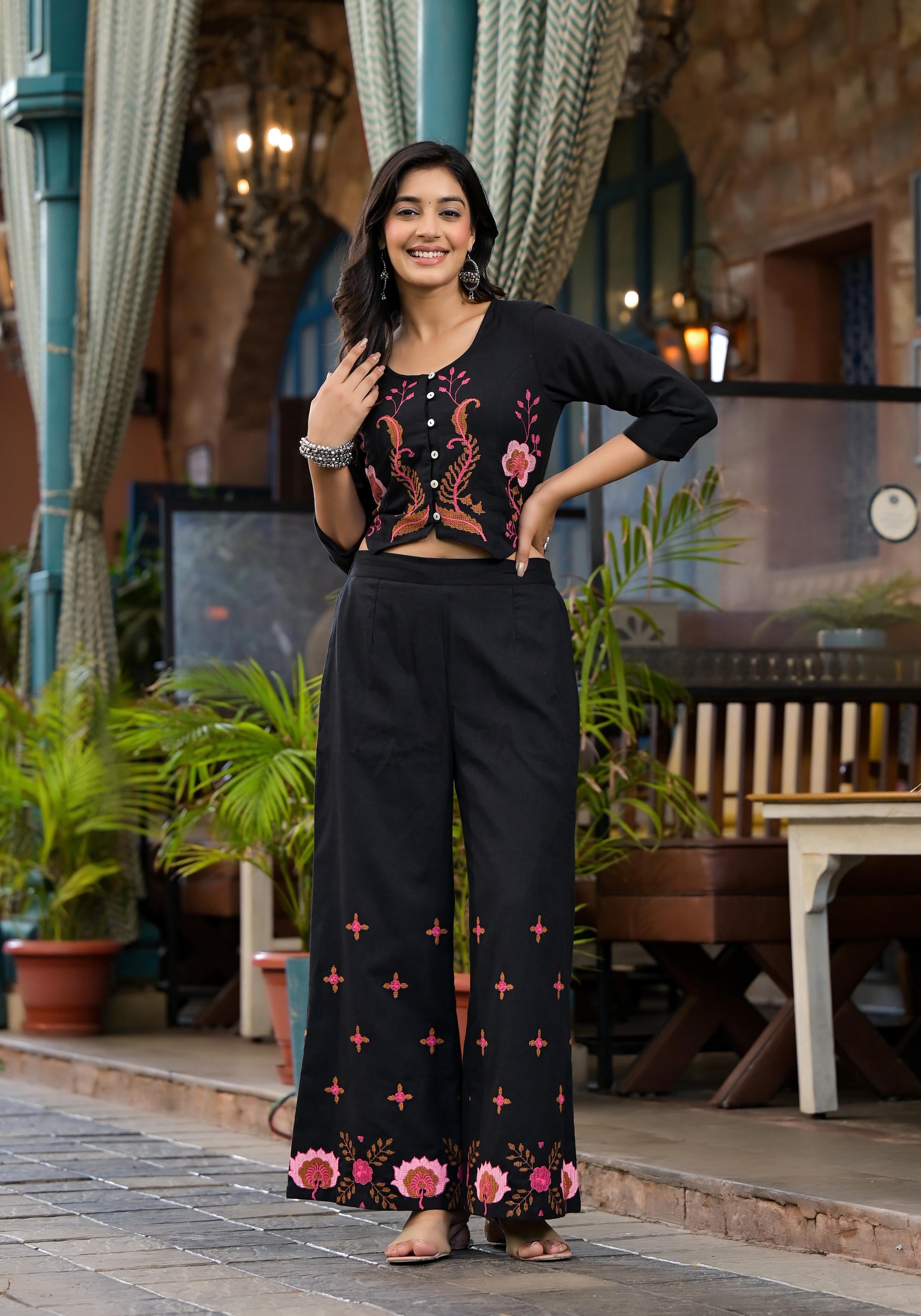 Black Thread Embroidered Cotton Top & Palazzo Set With Button Detail