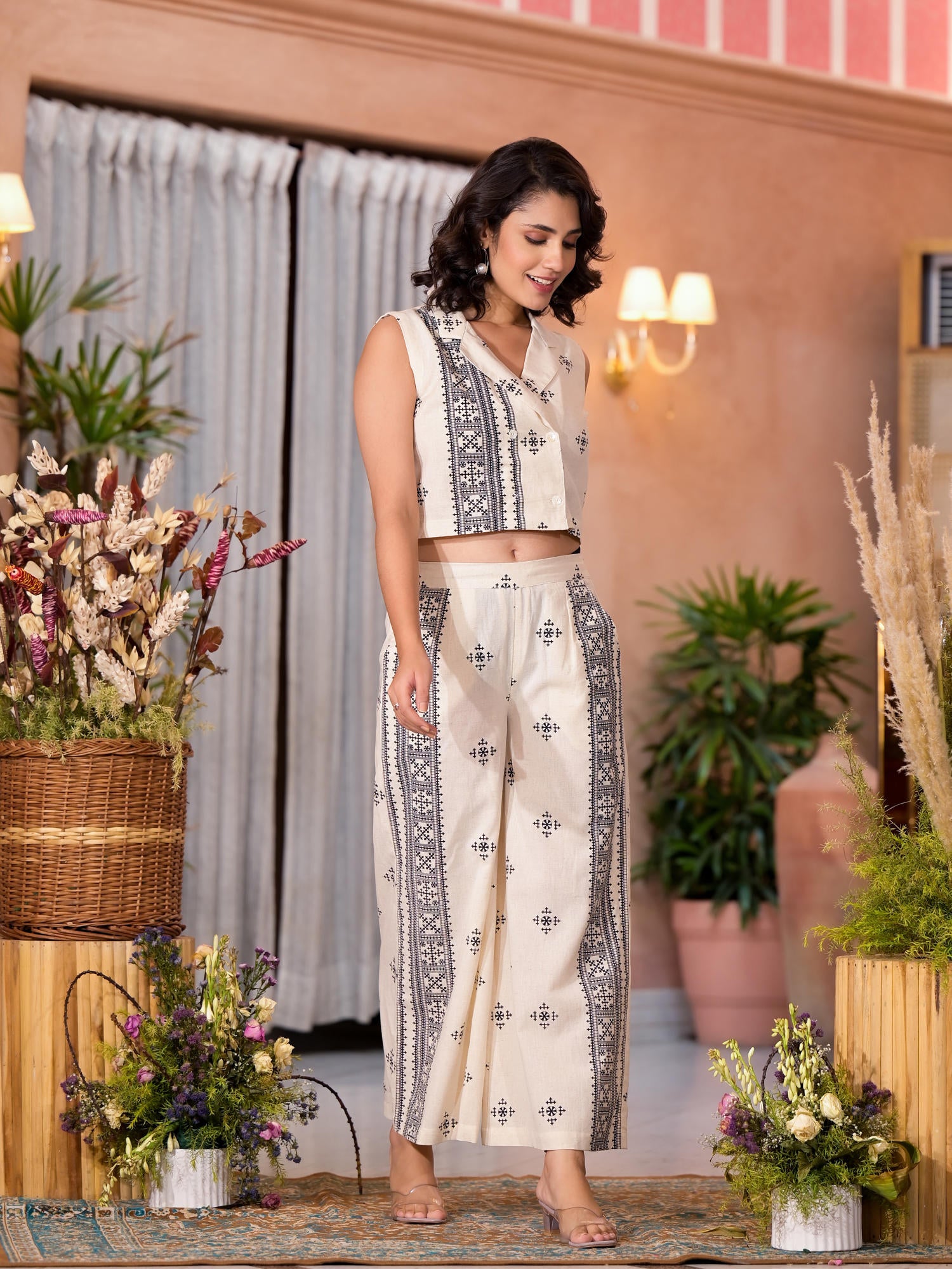 Natural Ethnic Motif Printed Cotton Top & Palazzo Co-Ord Set With Button Closure