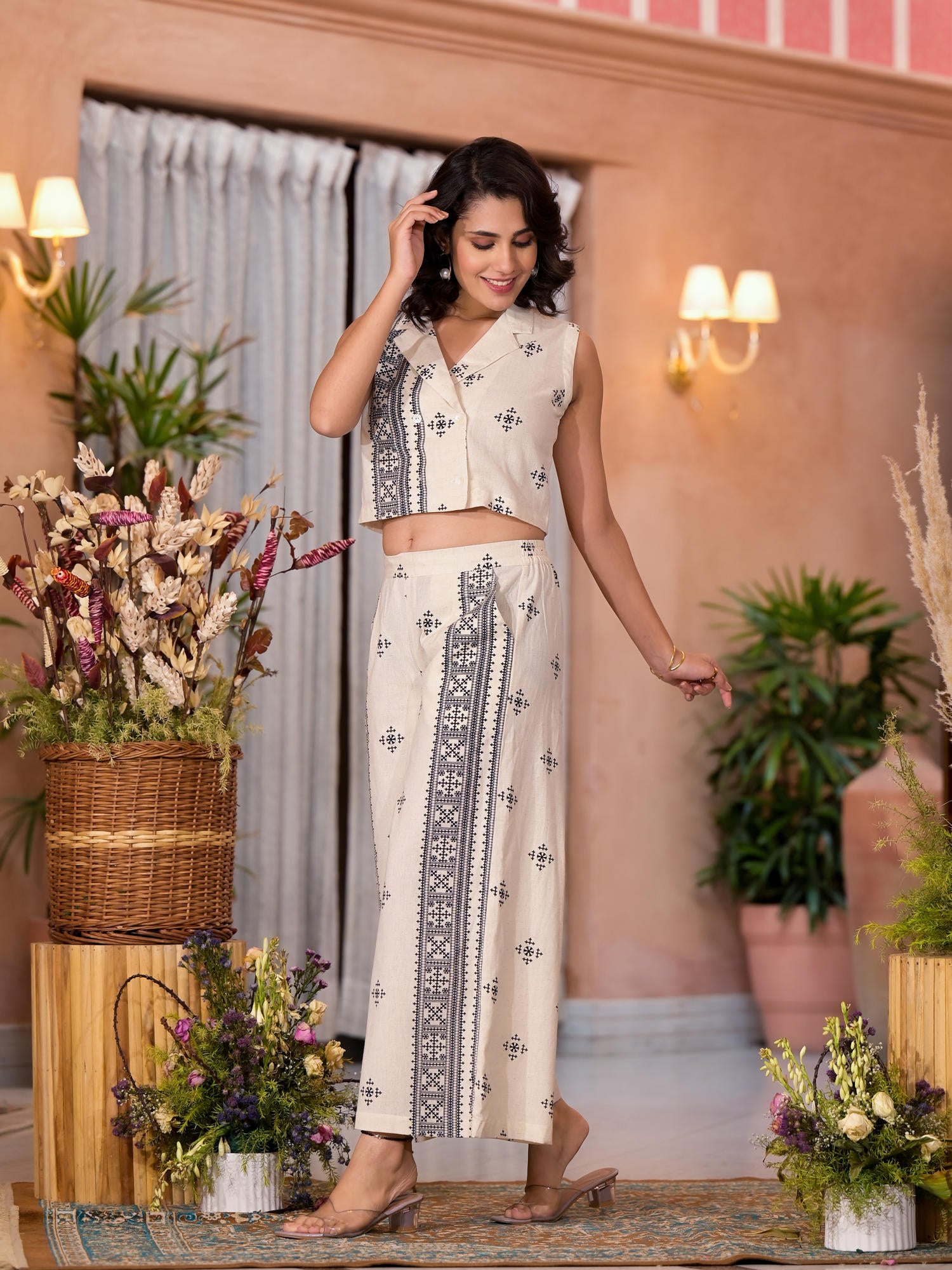 Natural Ethnic Motif Printed Cotton Top & Palazzo Co-Ord Set With Button Closure