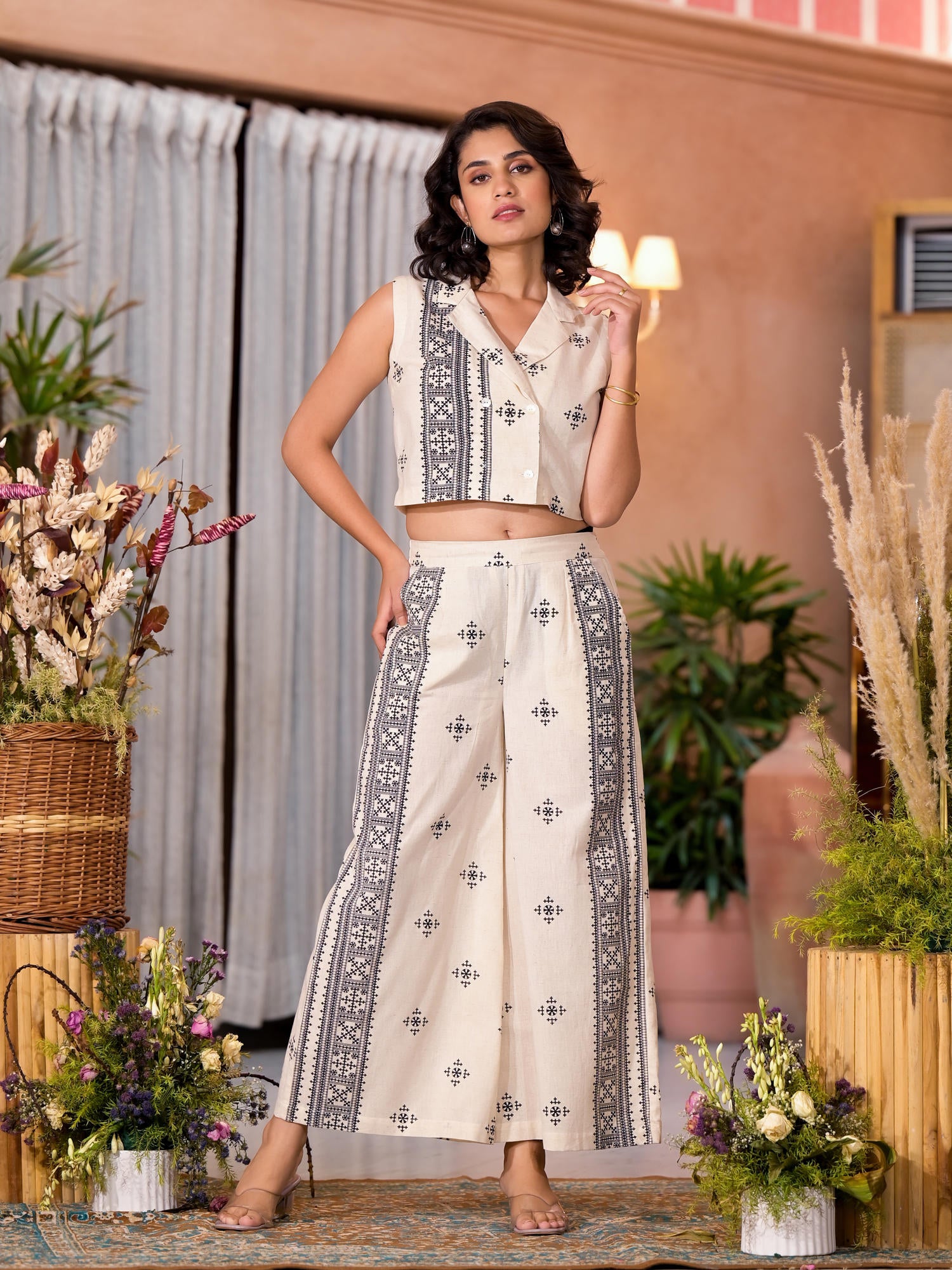 Natural Ethnic Motif Printed Cotton Top & Palazzo Co-Ord Set With Button Closure