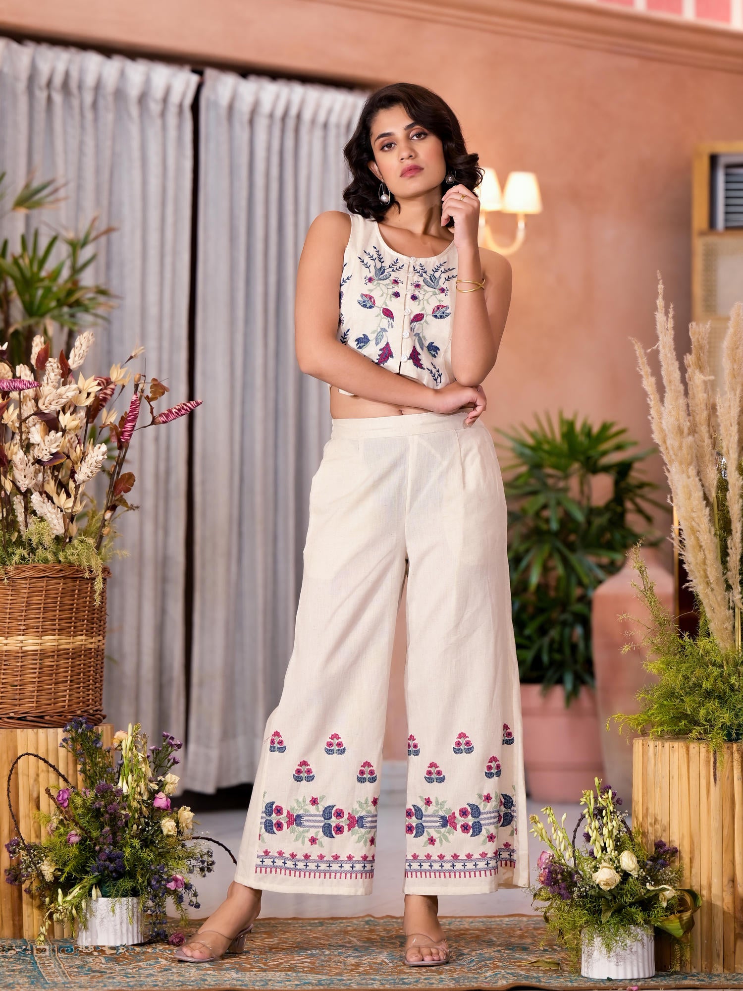 Natural Thread Embroidered Cotton Top & Palazzo Co-Ord Set With Button Closure