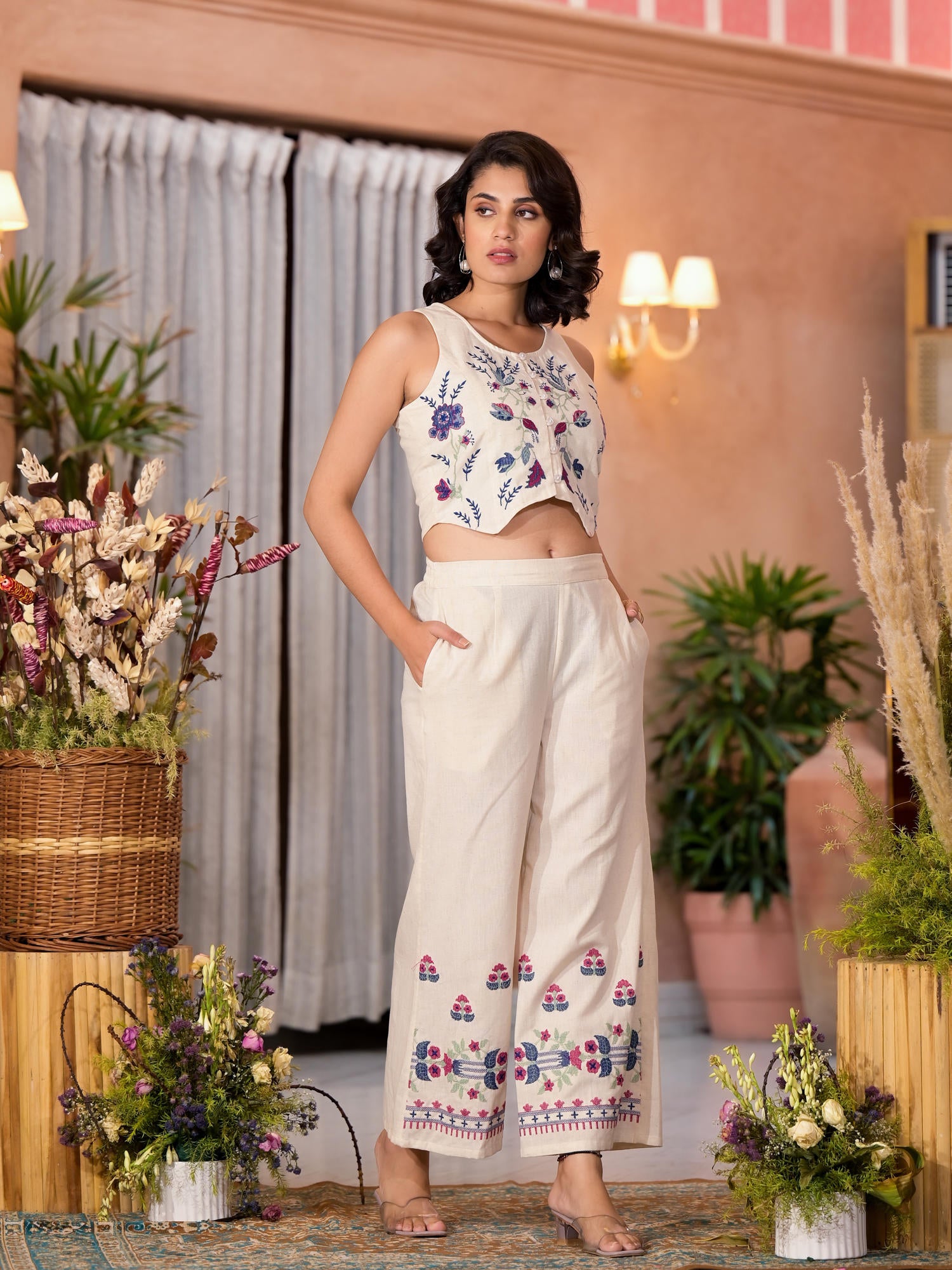 Natural Thread Embroidered Cotton Top & Palazzo Co-Ord Set With Button Closure