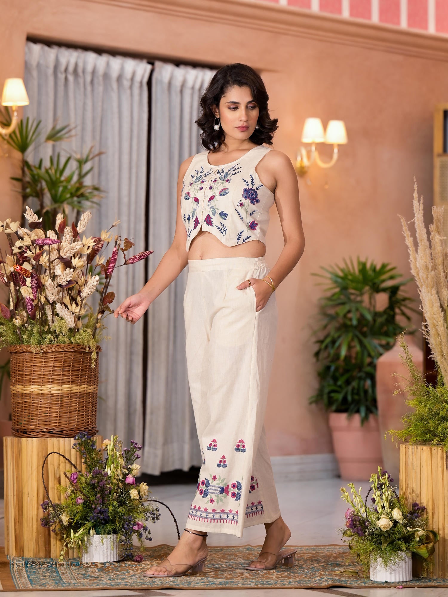 Natural Thread Embroidered Cotton Top & Palazzo Co-Ord Set With Button Closure