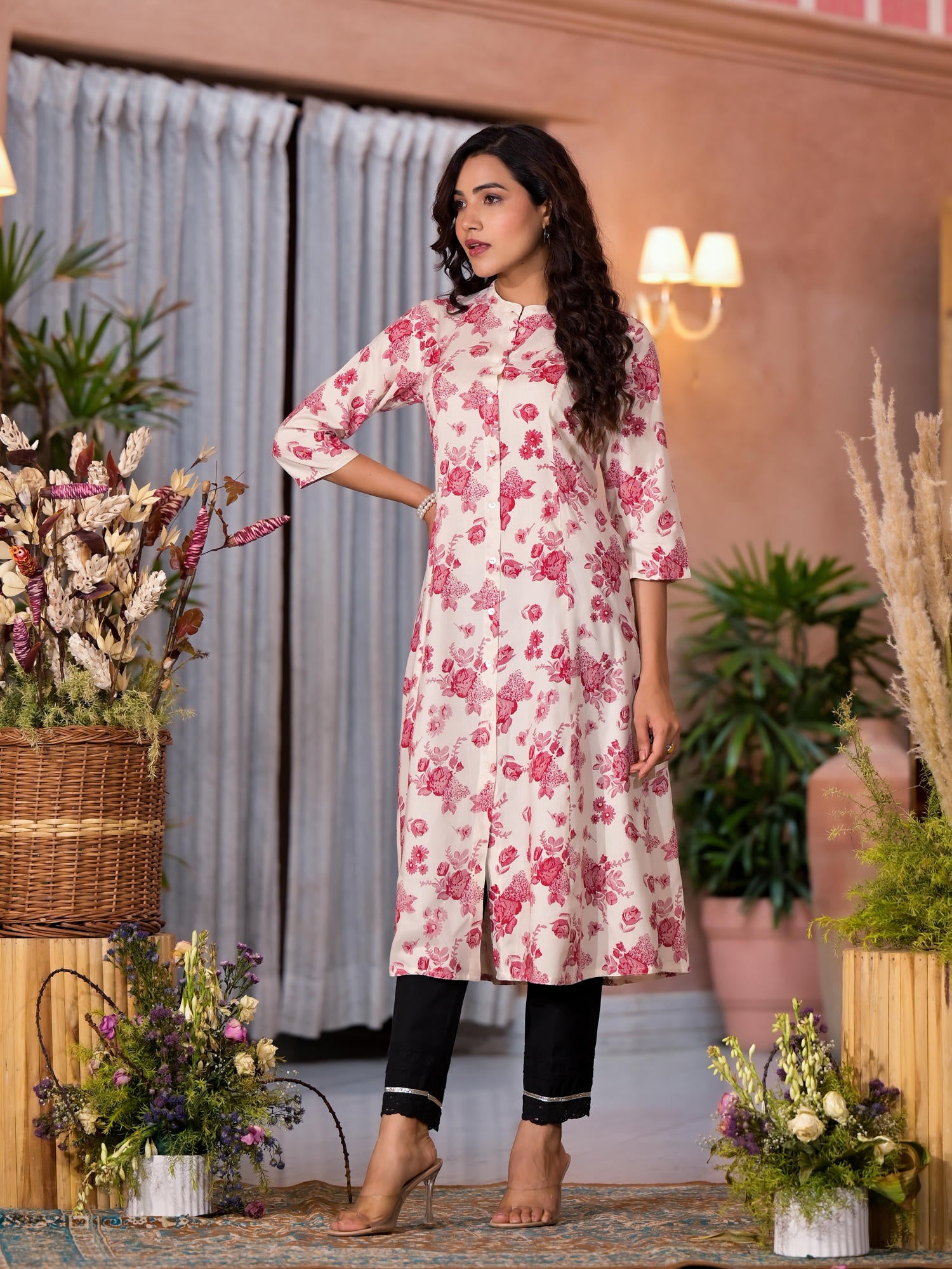 Off White Floral Printed Liva Rayon Kurta With Button Closure