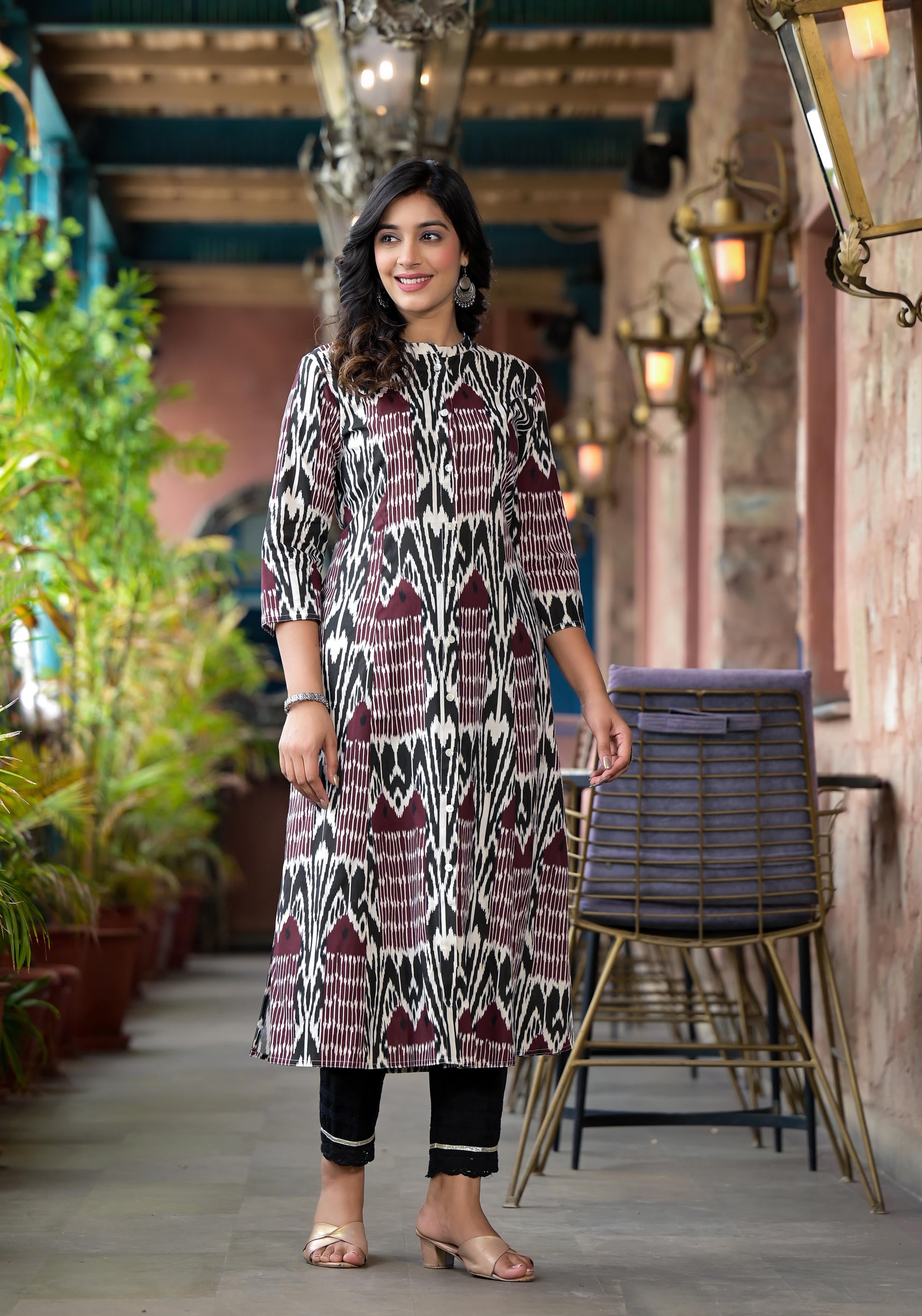 Multi Color Ikat Printed Liva Rayon Kurta With Button Closure