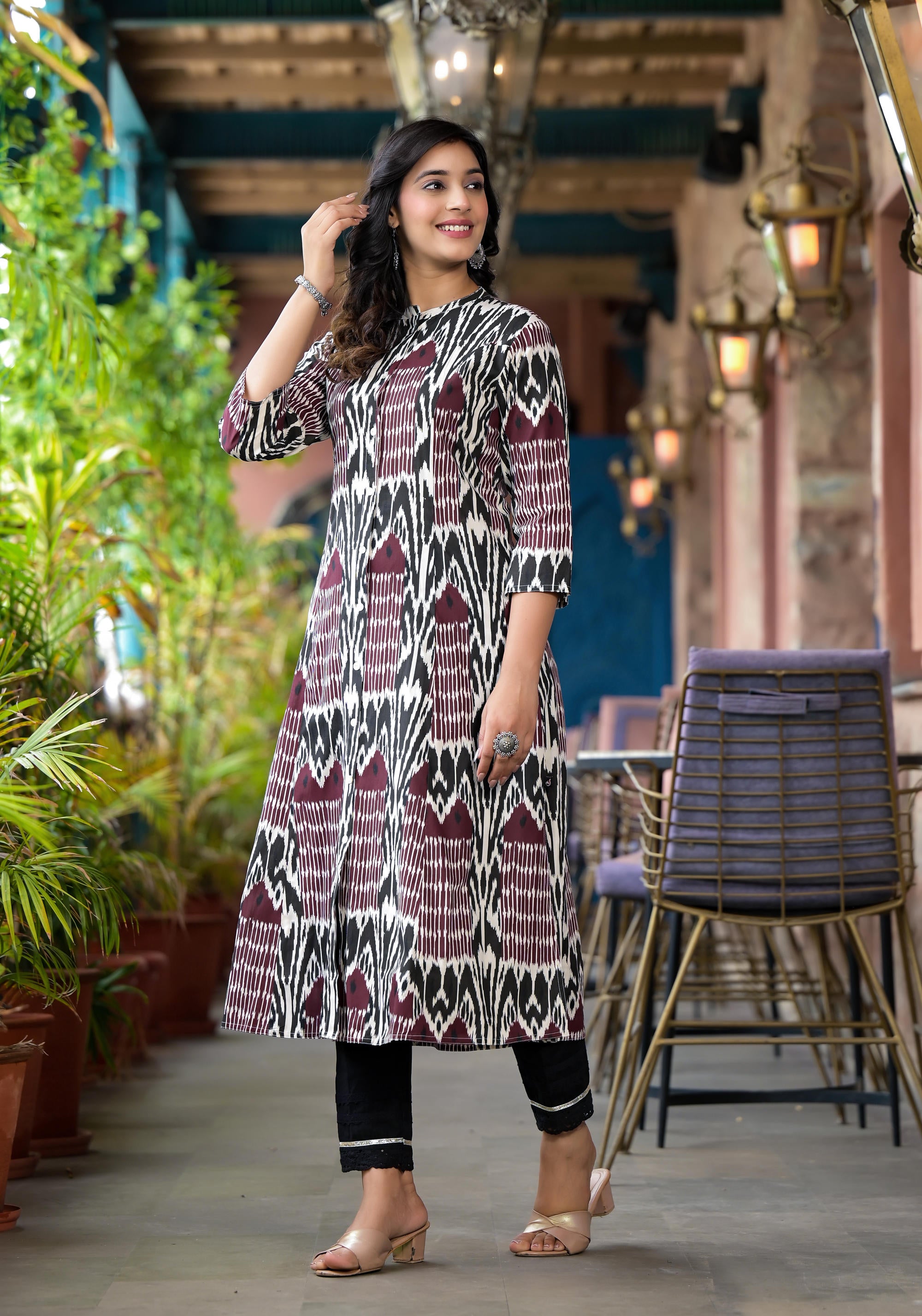 Multi Color Ikat Printed Liva Rayon Kurta With Button Closure