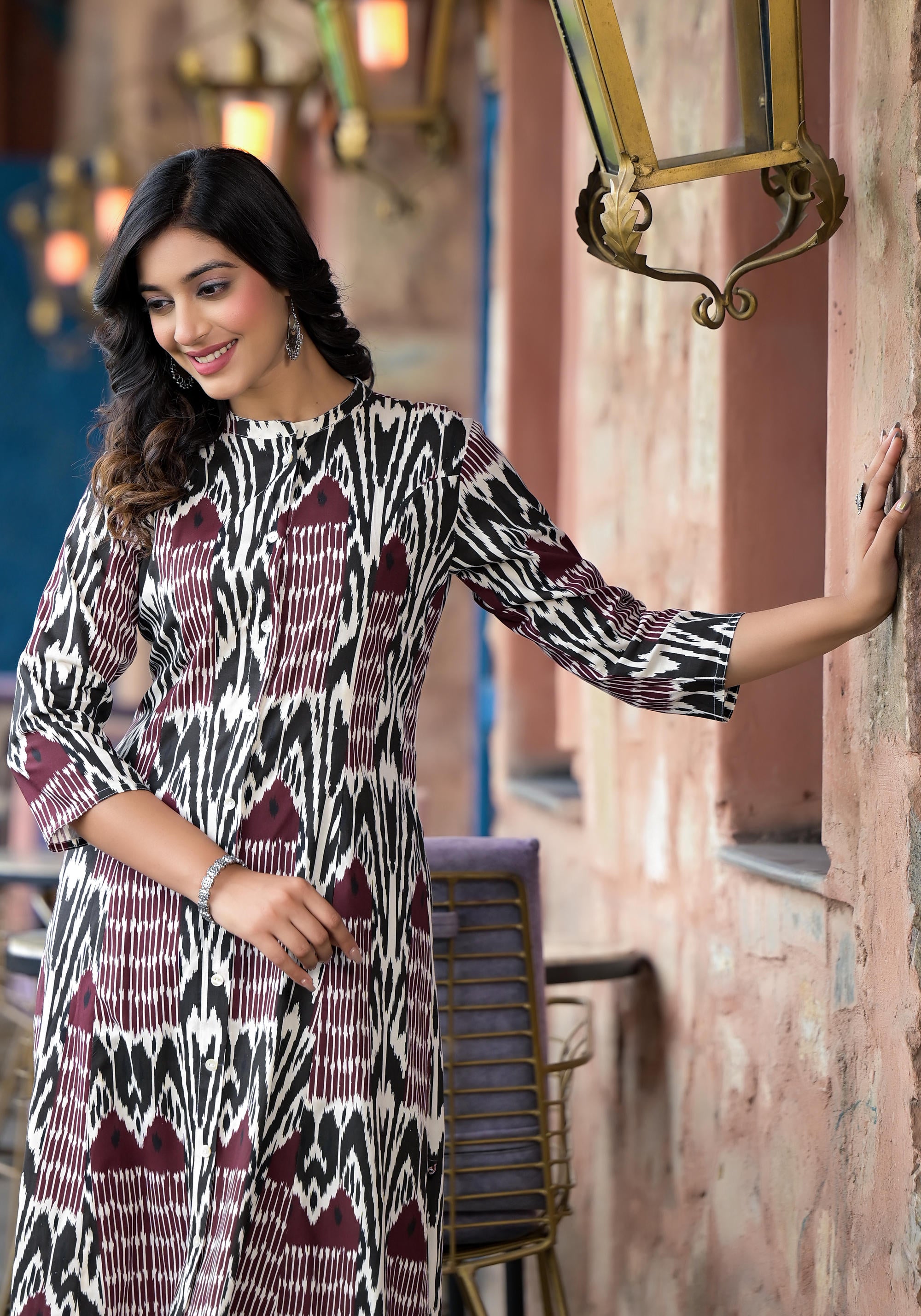 Multi Color Ikat Printed Liva Rayon Kurta With Button Closure