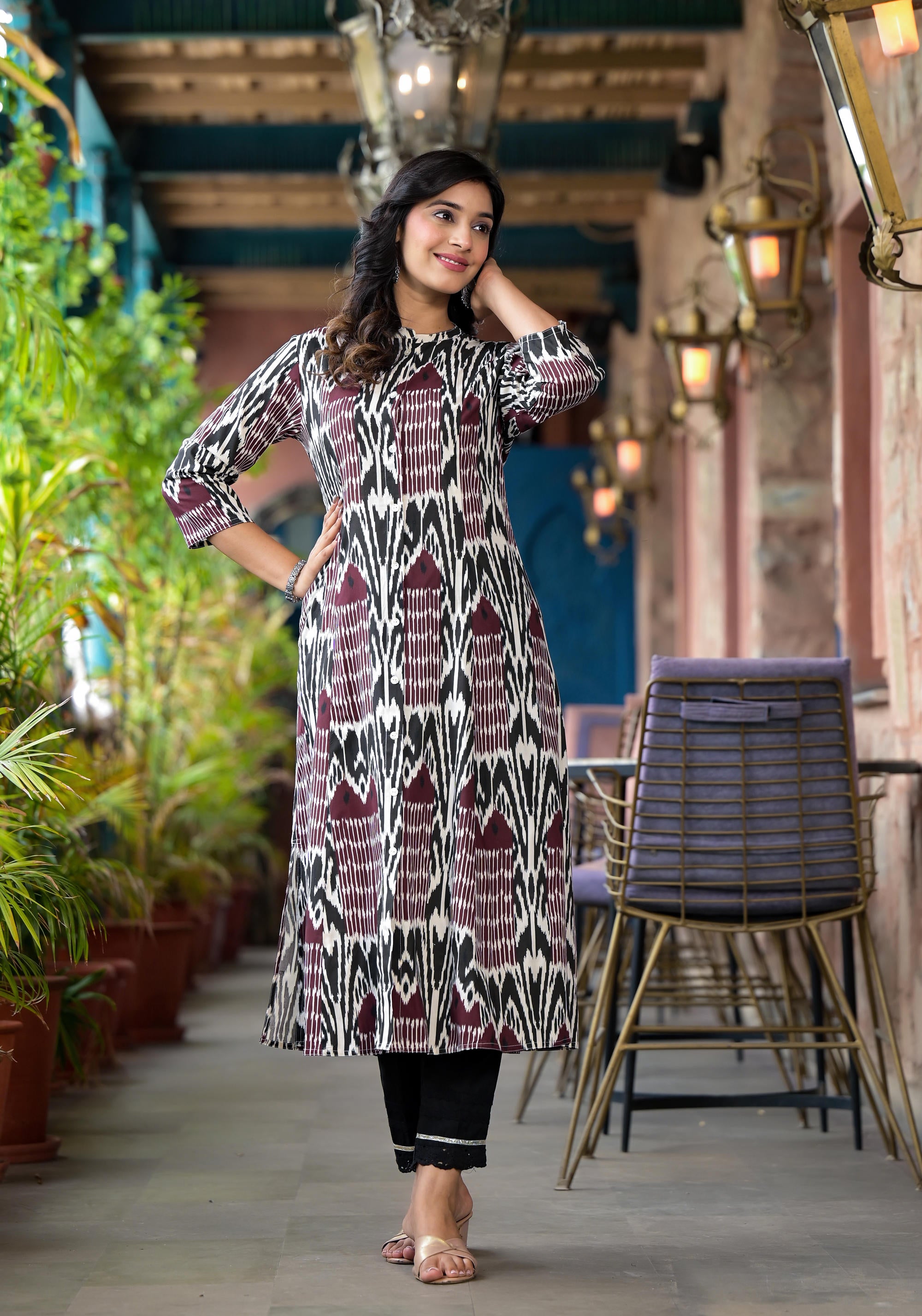 Multi Color Ikat Printed Liva Rayon Kurta With Button Closure