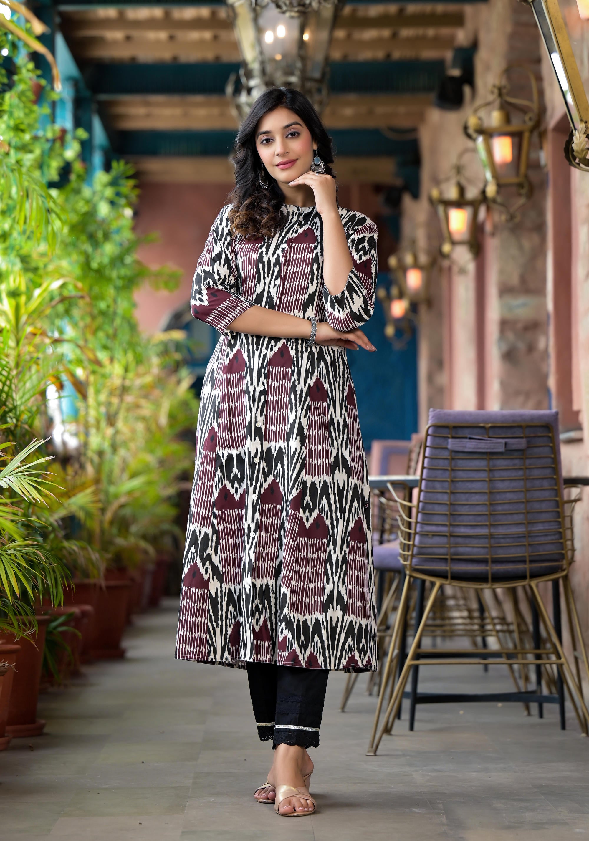 Multi Color Ikat Printed Liva Rayon Kurta With Button Closure