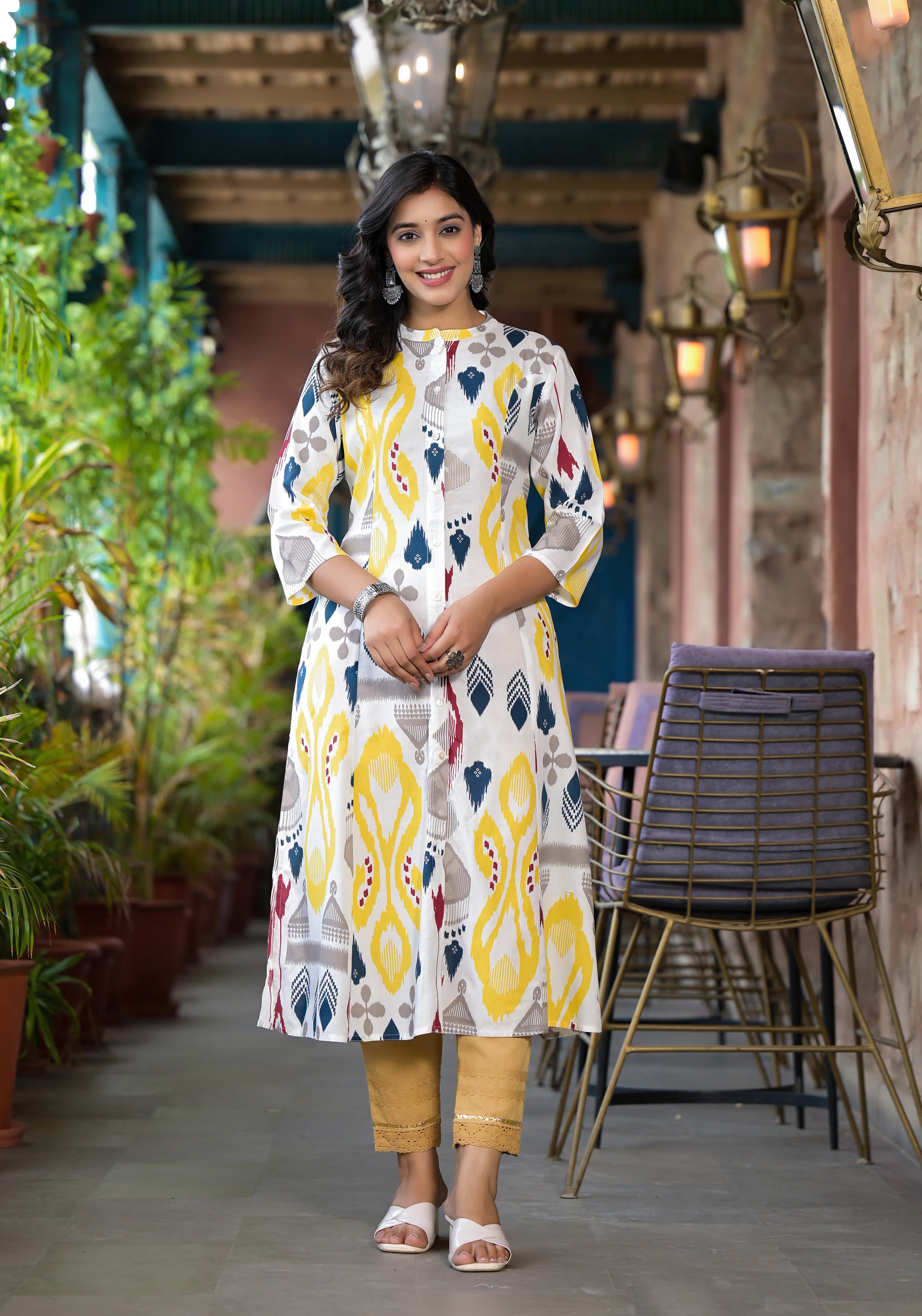 Yellow Ikat Printed Liva Rayon Women Kurta With Button Closure