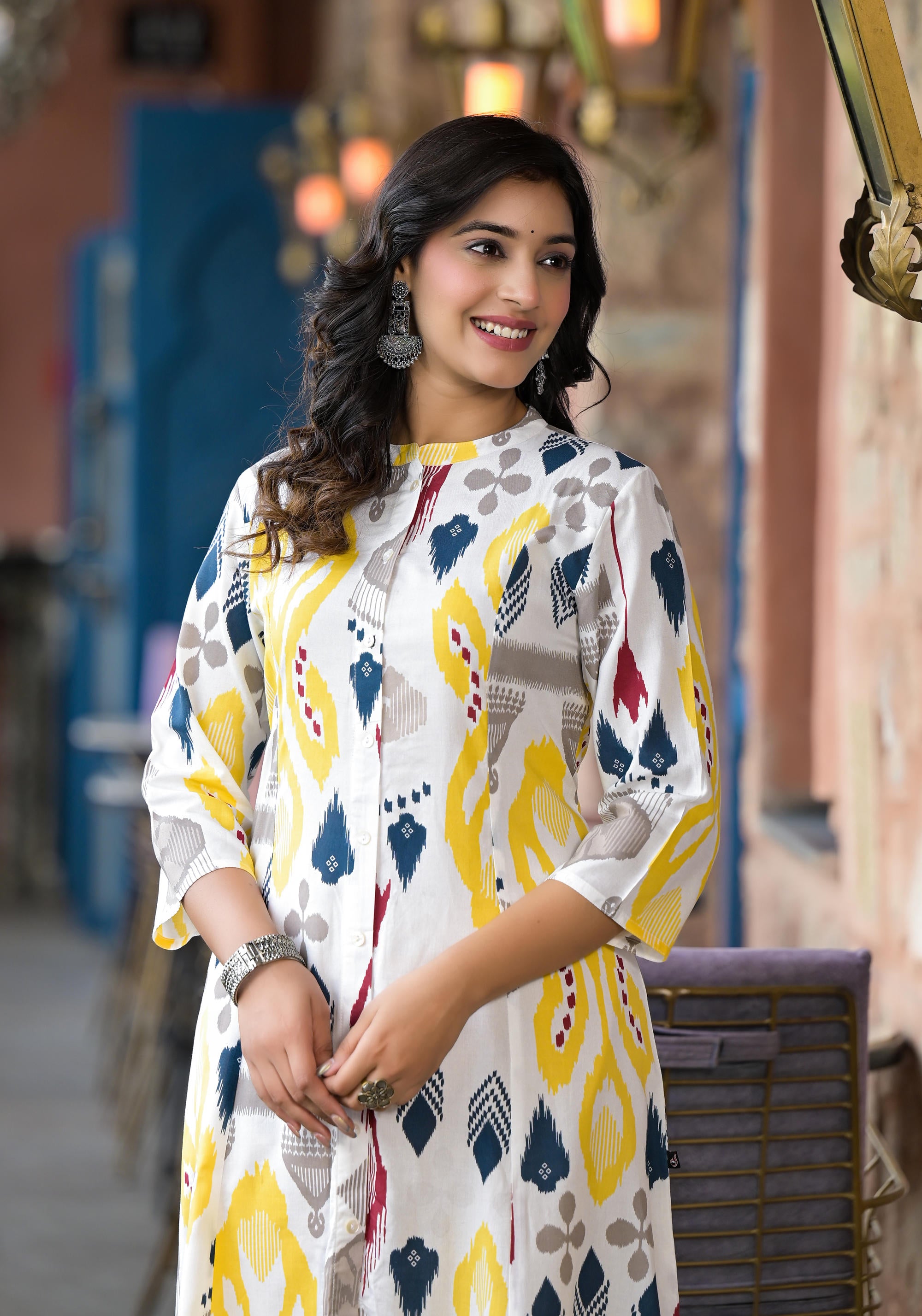 Yellow Ikat Printed Liva Rayon Women Kurta With Button Closure