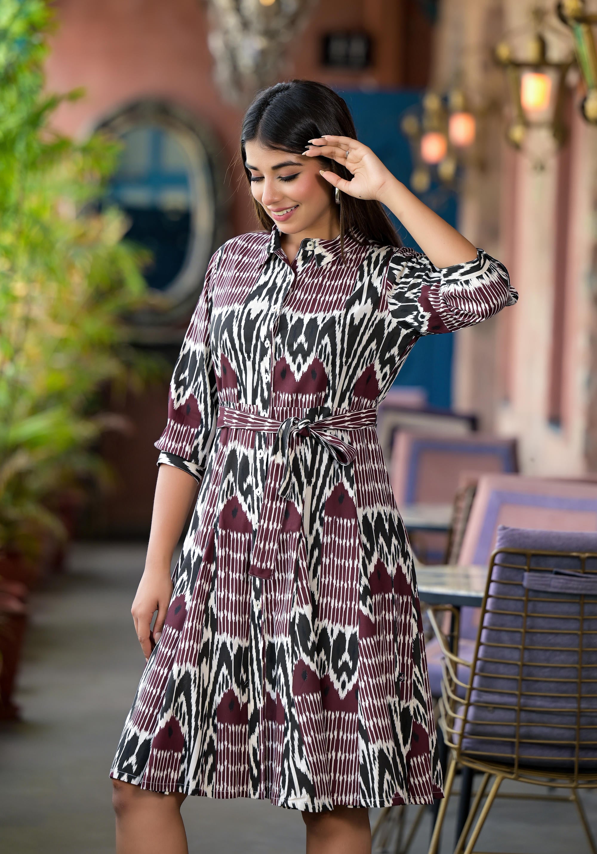 Muti Color Ikat Printed Liva Rayon Dress With Tie-Ups & Button Closure