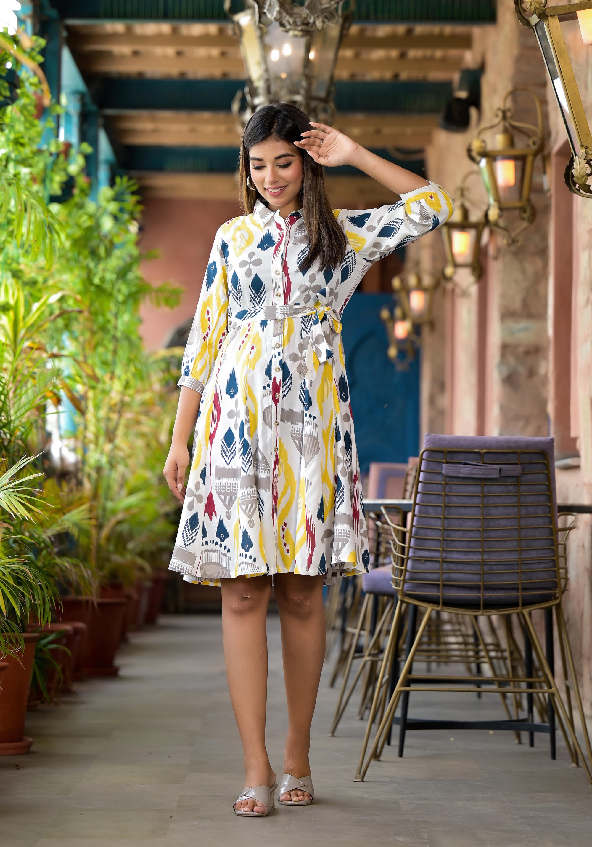 Yellow Ikat Printed Liva Rayon Women Dress With Tie-Ups & Button Closure