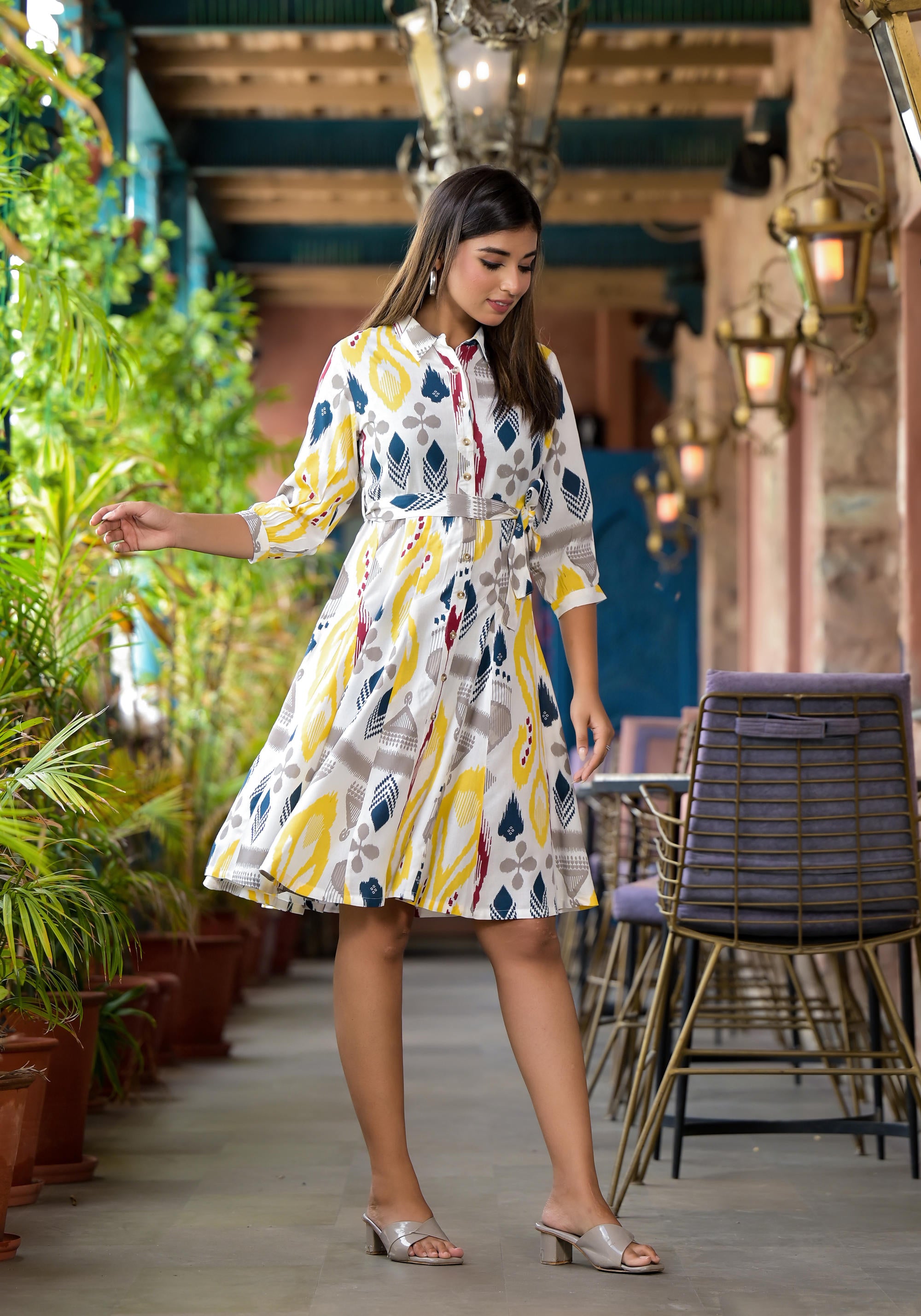 Yellow Ikat Printed Liva Rayon Women Dress With Tie-Ups & Button Closure