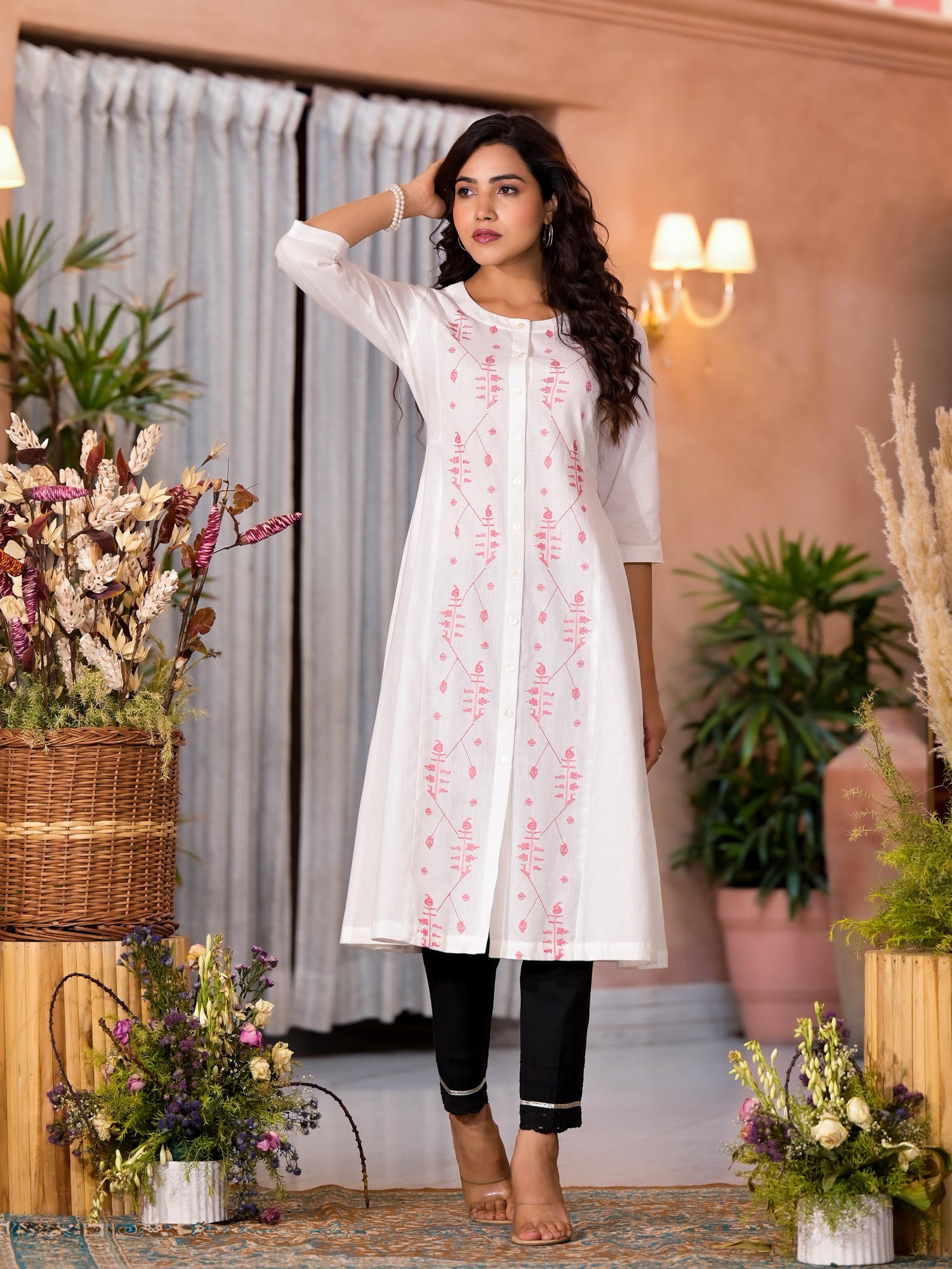 White Thread Embroidered Cotton Kurta With Button Closure