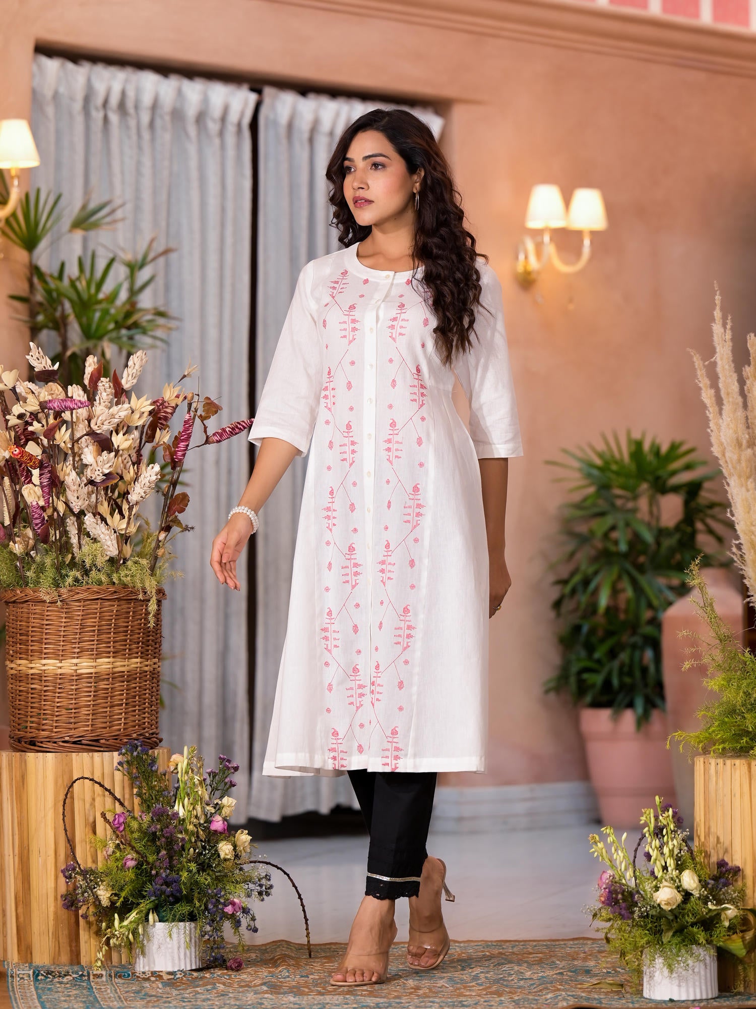 White Thread Embroidered Cotton Kurta With Button Closure