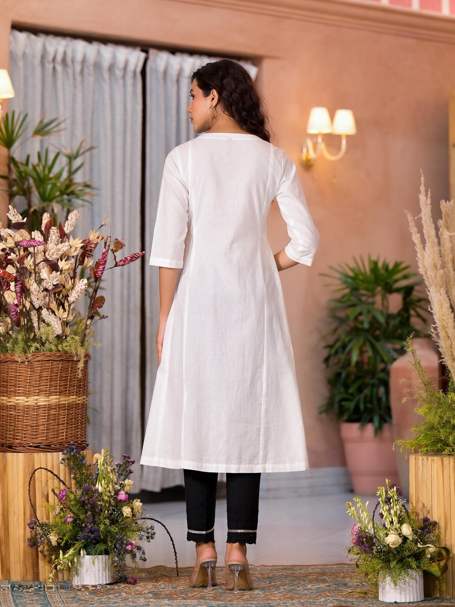 White Thread Embroidered Cotton Kurta With Button Closure