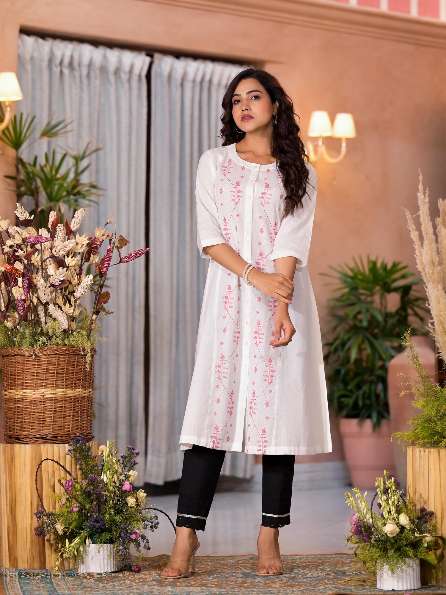 White Thread Embroidered Cotton Kurta With Button Closure