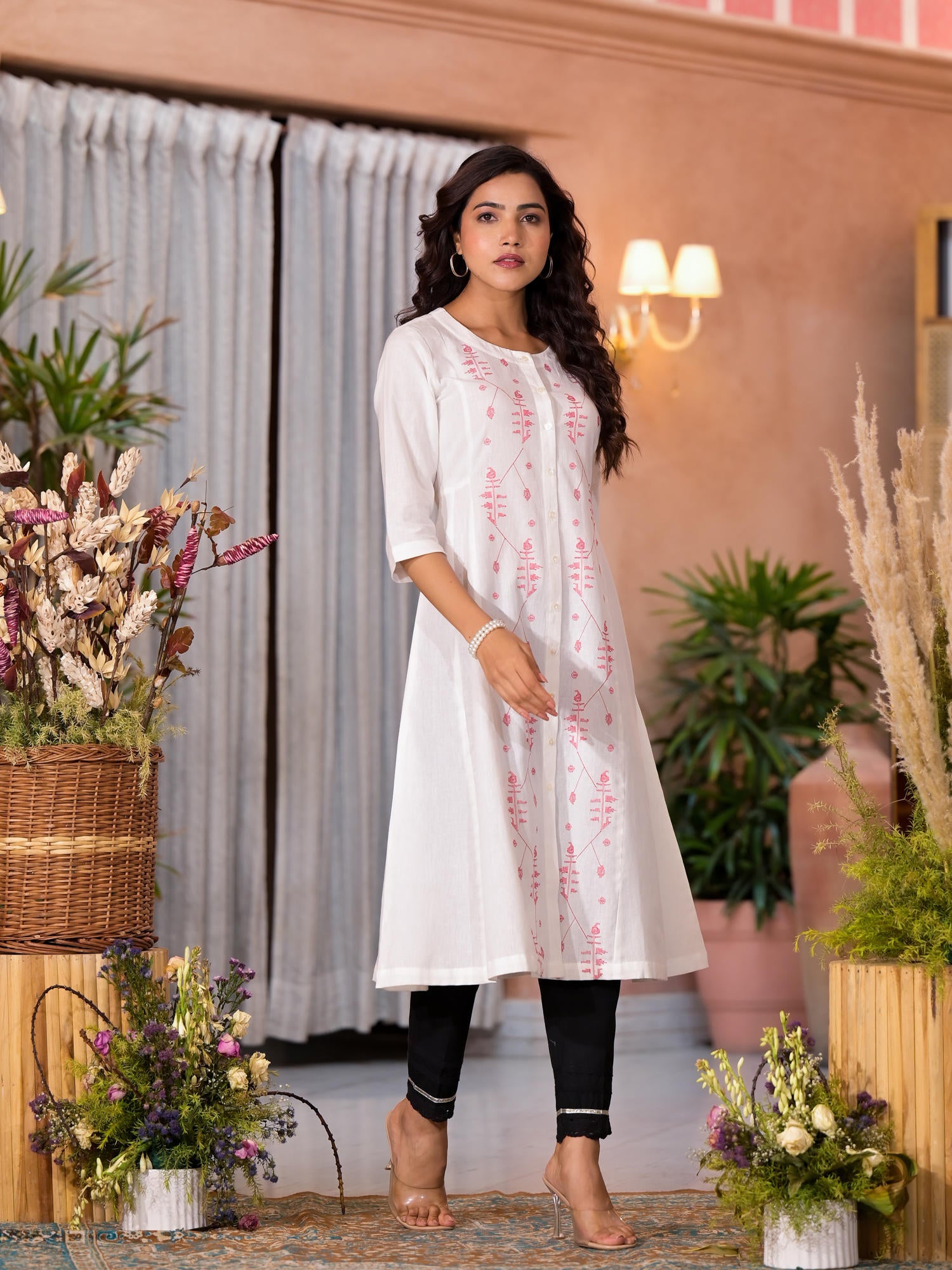 White Thread Embroidered Cotton Kurta With Button Closure