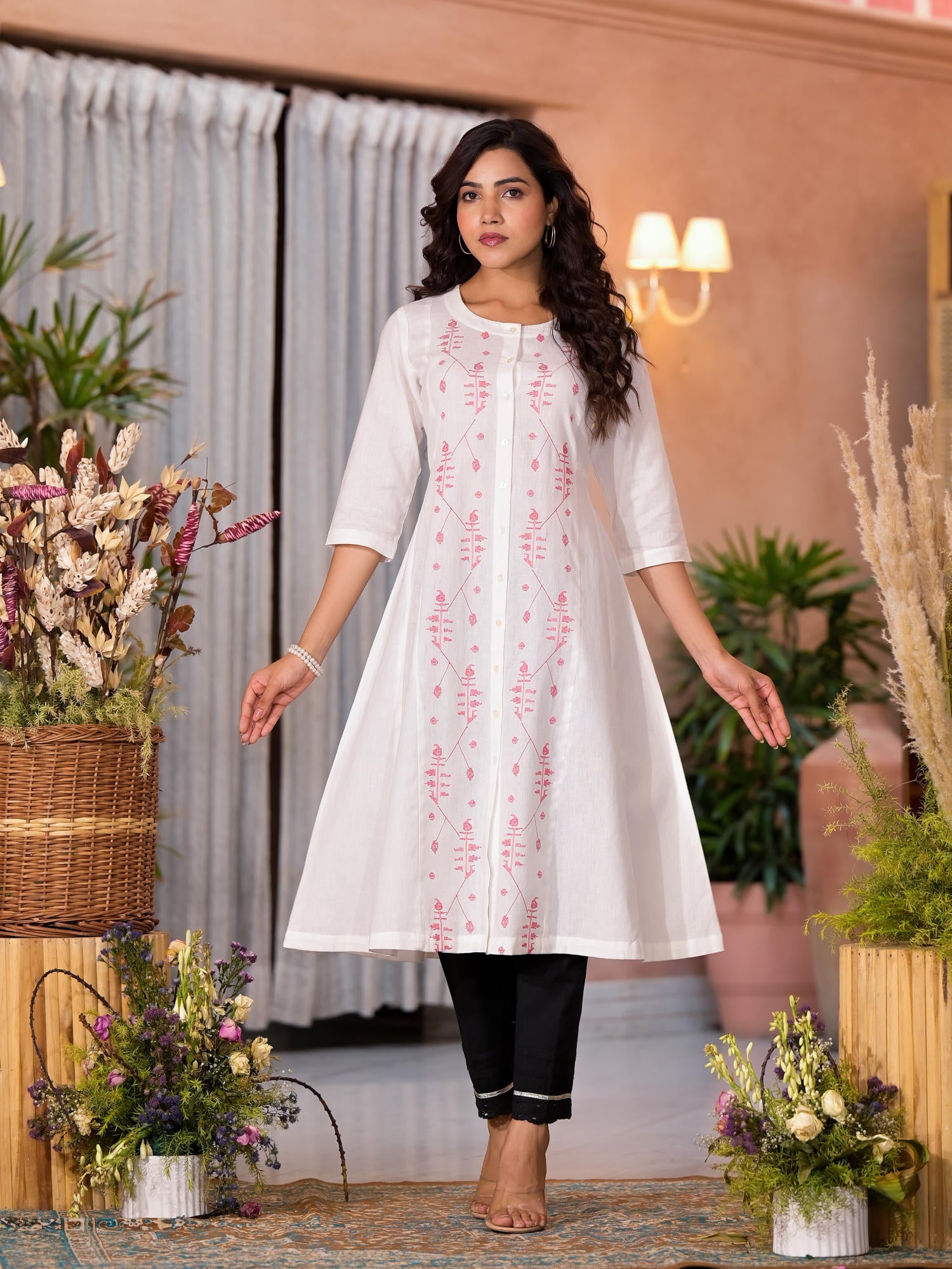 White Thread Embroidered Cotton Kurta With Button Closure