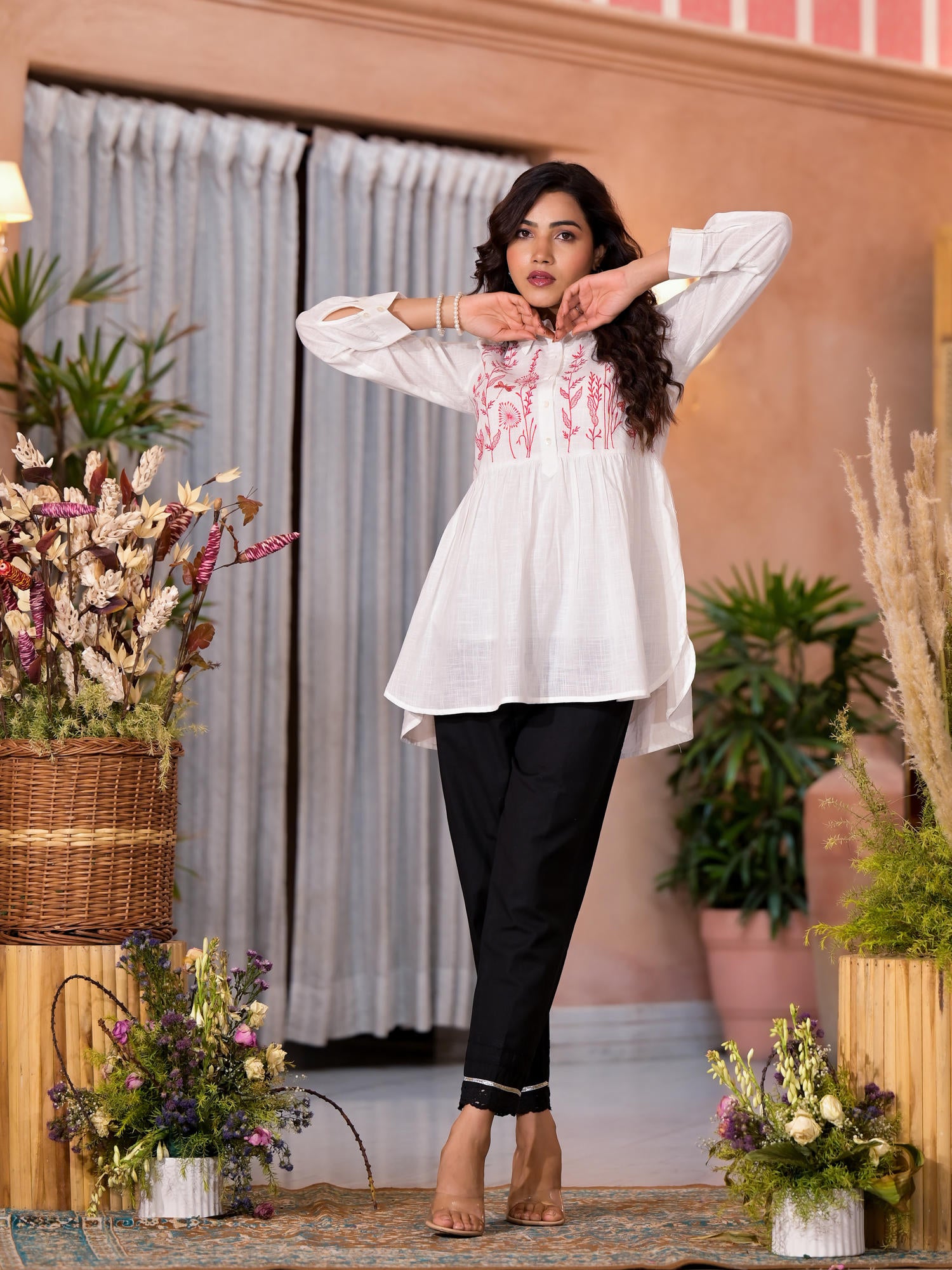 White Thread Embroidered Cotton Tunic With Button Closure