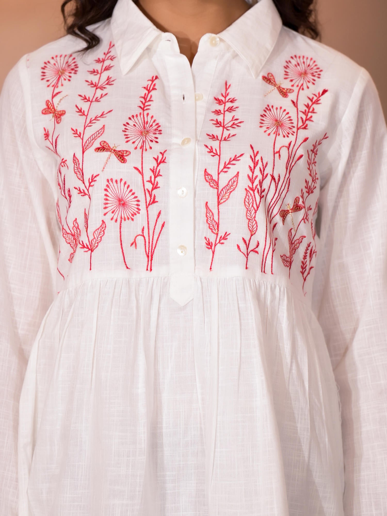 White Thread Embroidered Cotton Tunic With Button Closure