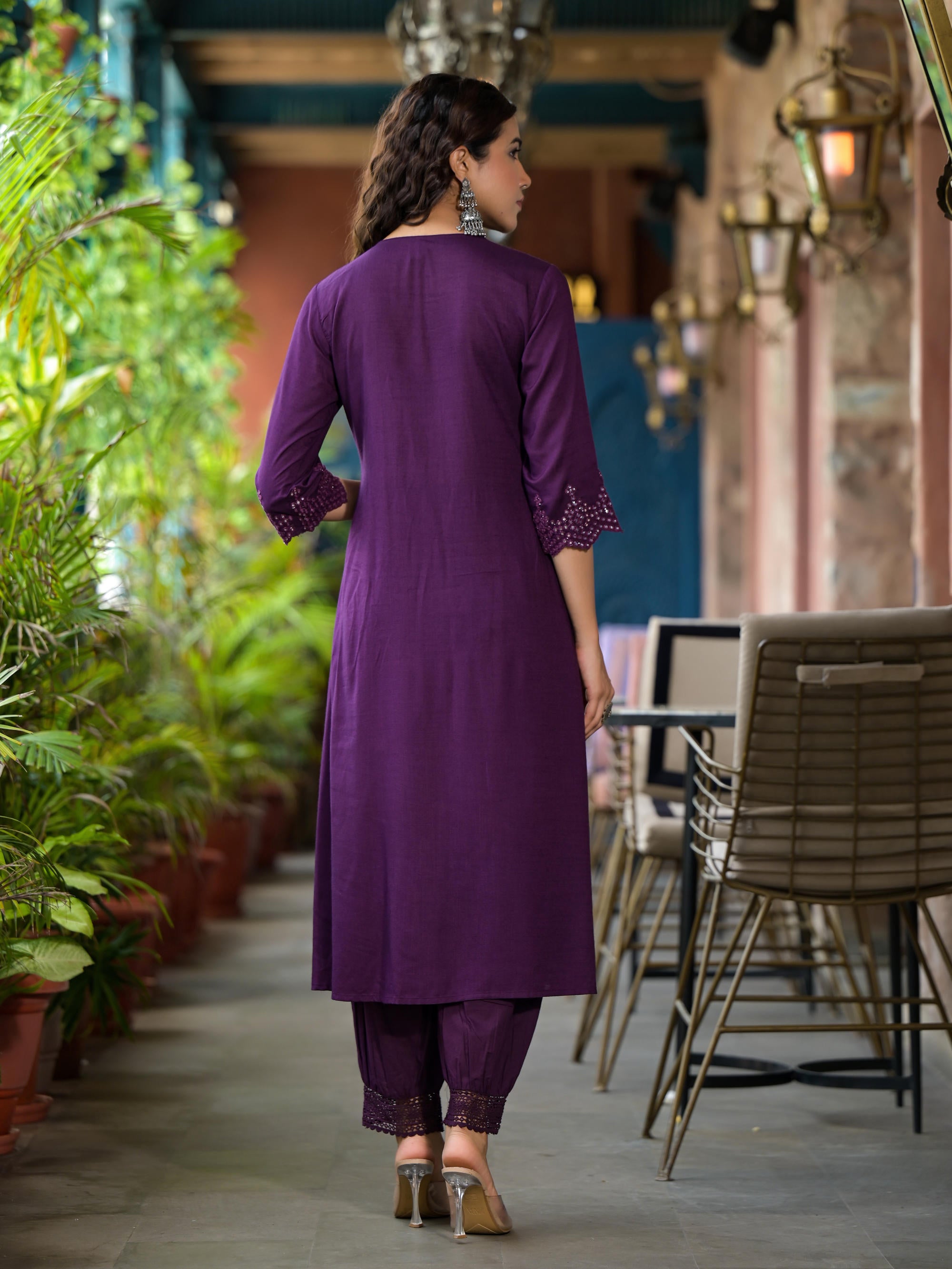 Plum Thread Embroidered Liva Rayon Kurta Set With Buttons & Mirror Work