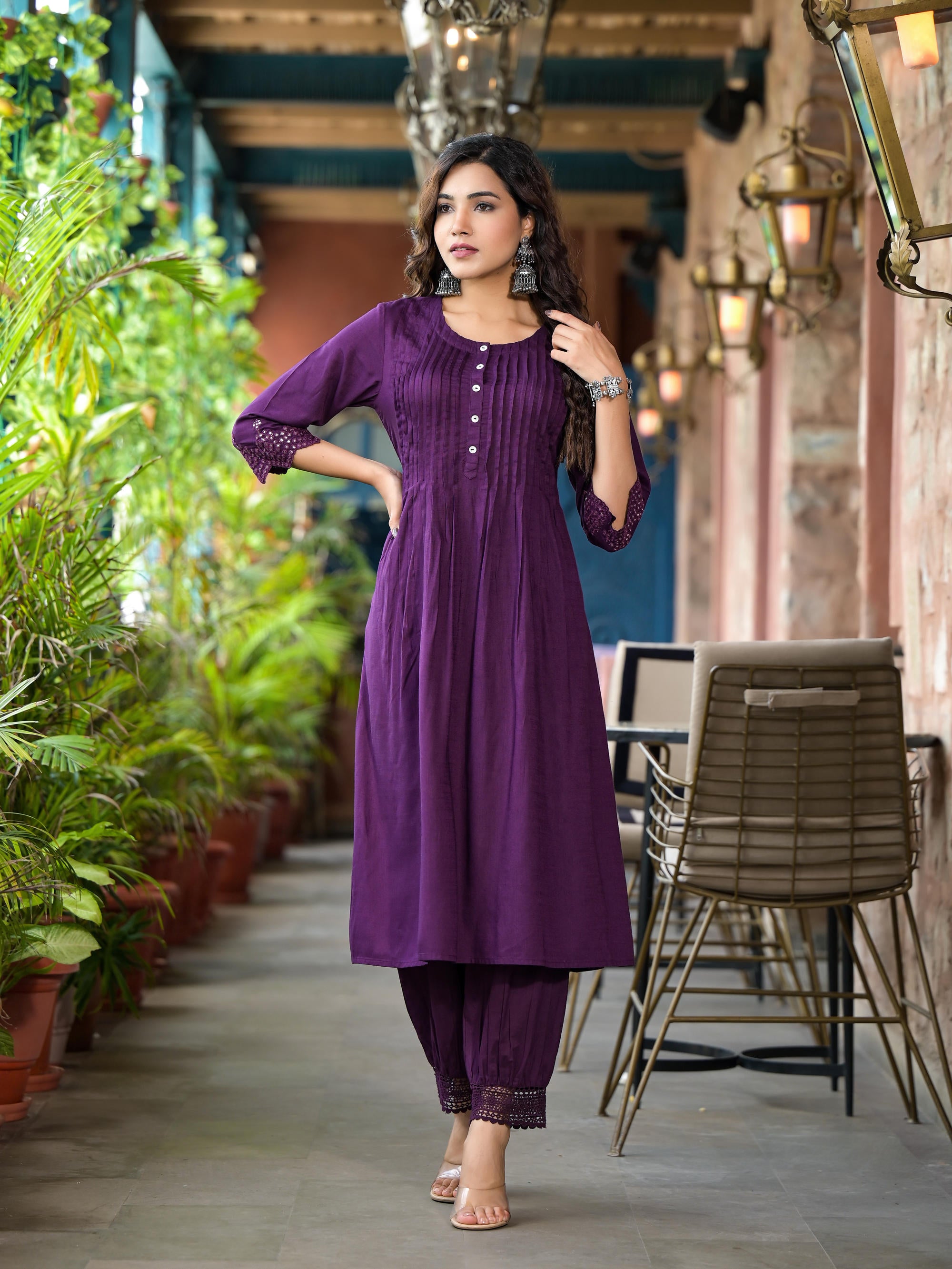 Plum Thread Embroidered Liva Rayon Kurta Set With Buttons & Mirror Work