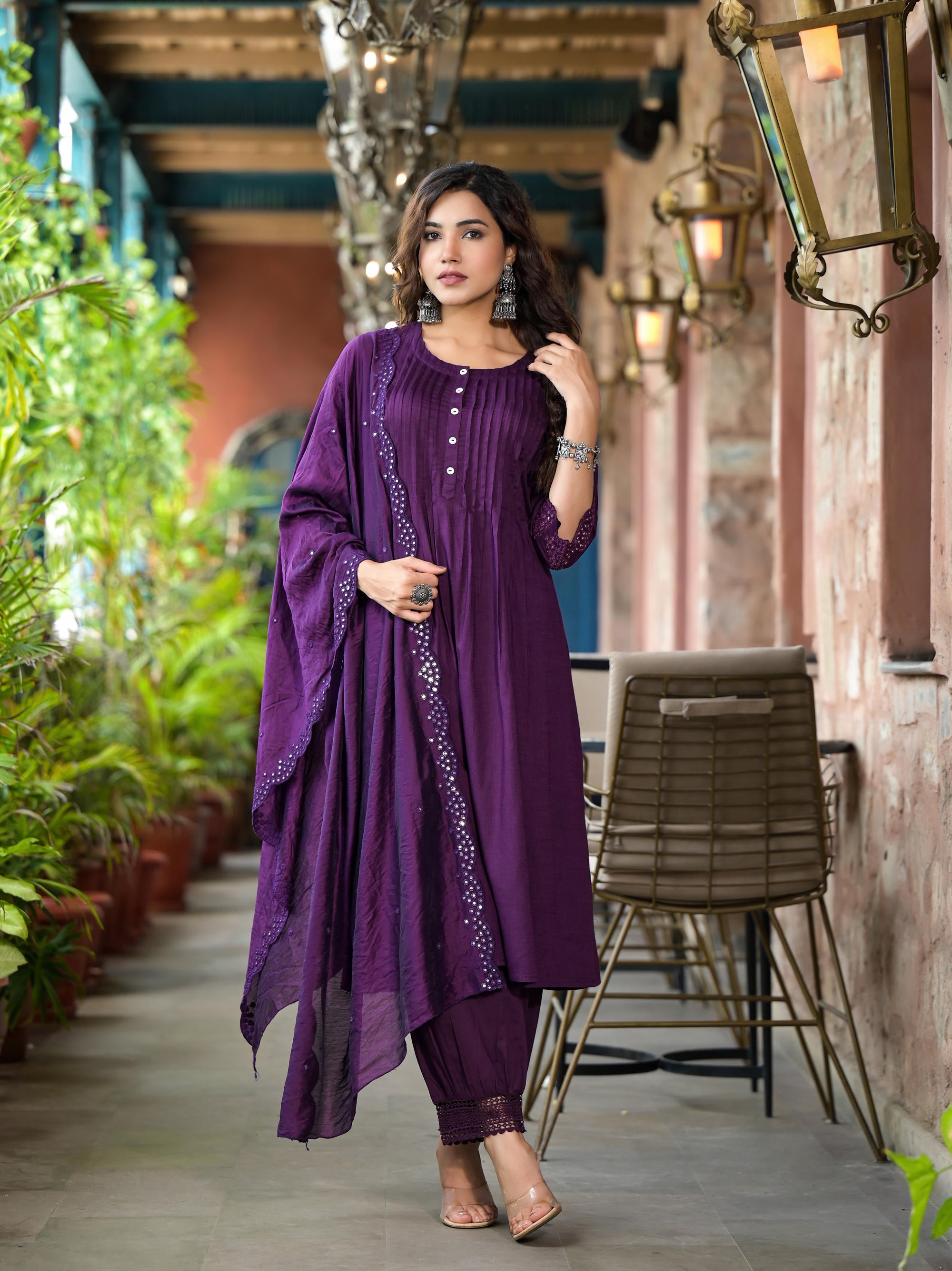 Plum Thread Embroidered Liva Rayon Kurta Set With Buttons & Mirror Work