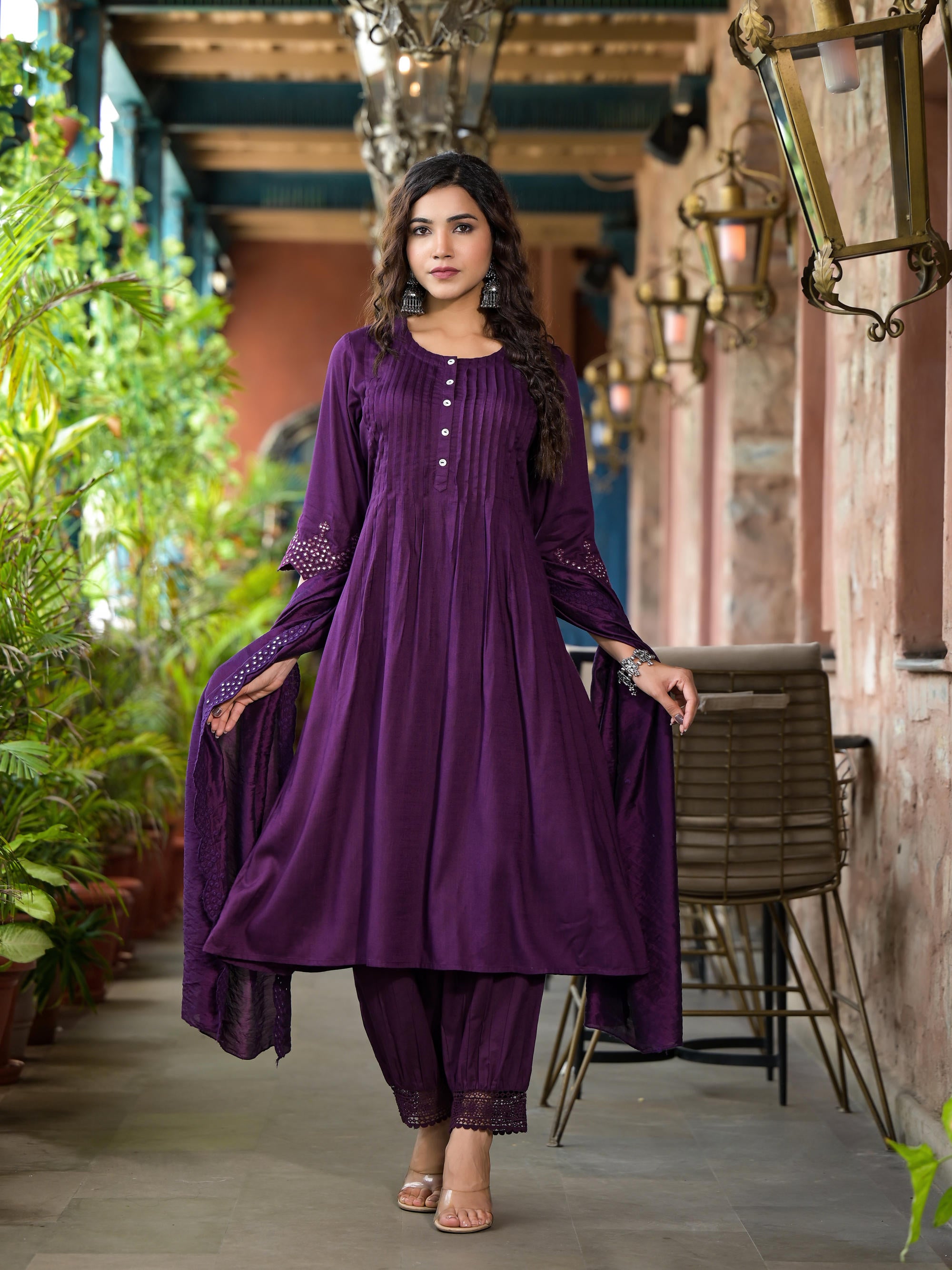 Plum Thread Embroidered Liva Rayon Kurta Set With Buttons & Mirror Work