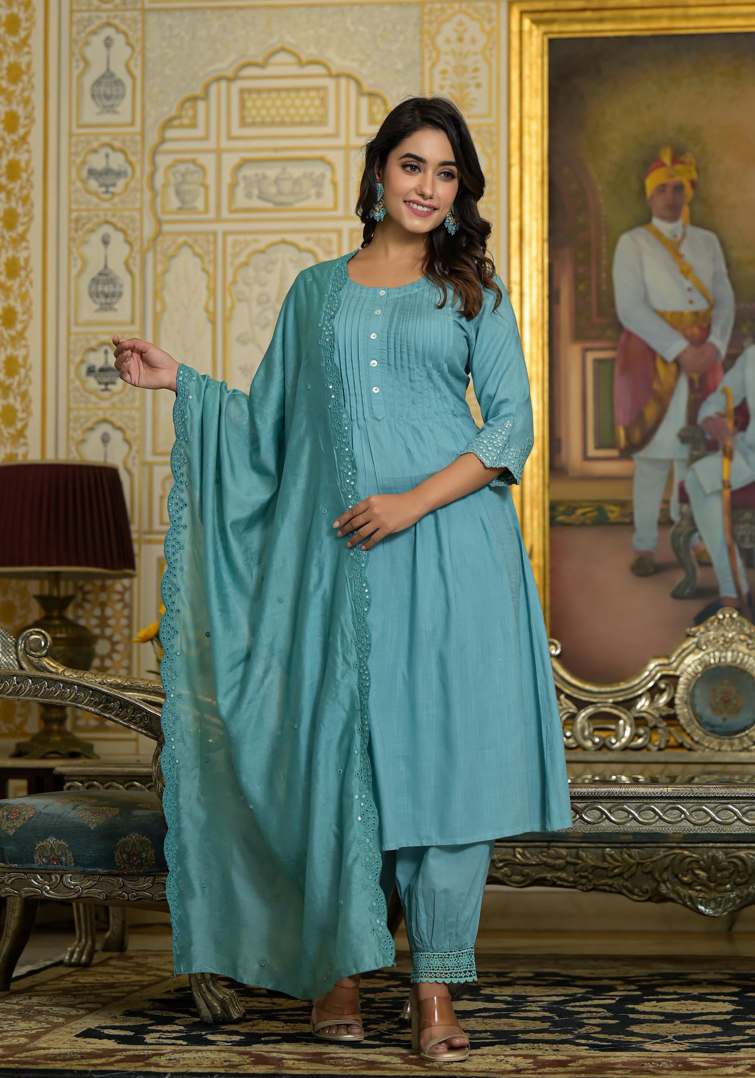 Sky Blue Mirror Embroidered Liva Rayon Kurta Pant And Dupatta Set With Lace & Button Detail