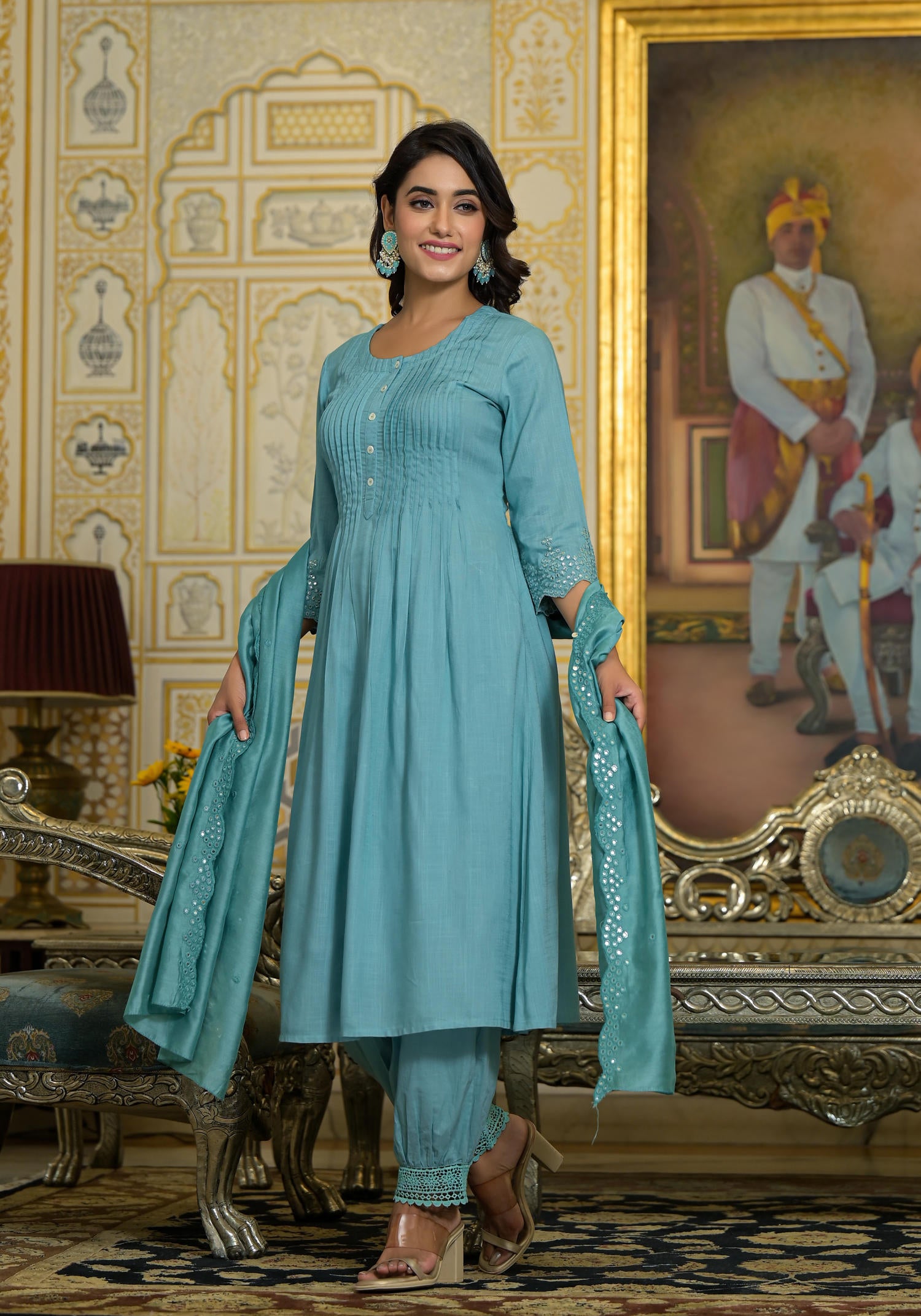 Sky Blue Mirror Embroidered Liva Rayon Kurta Pant And Dupatta Set With Lace & Button Detail