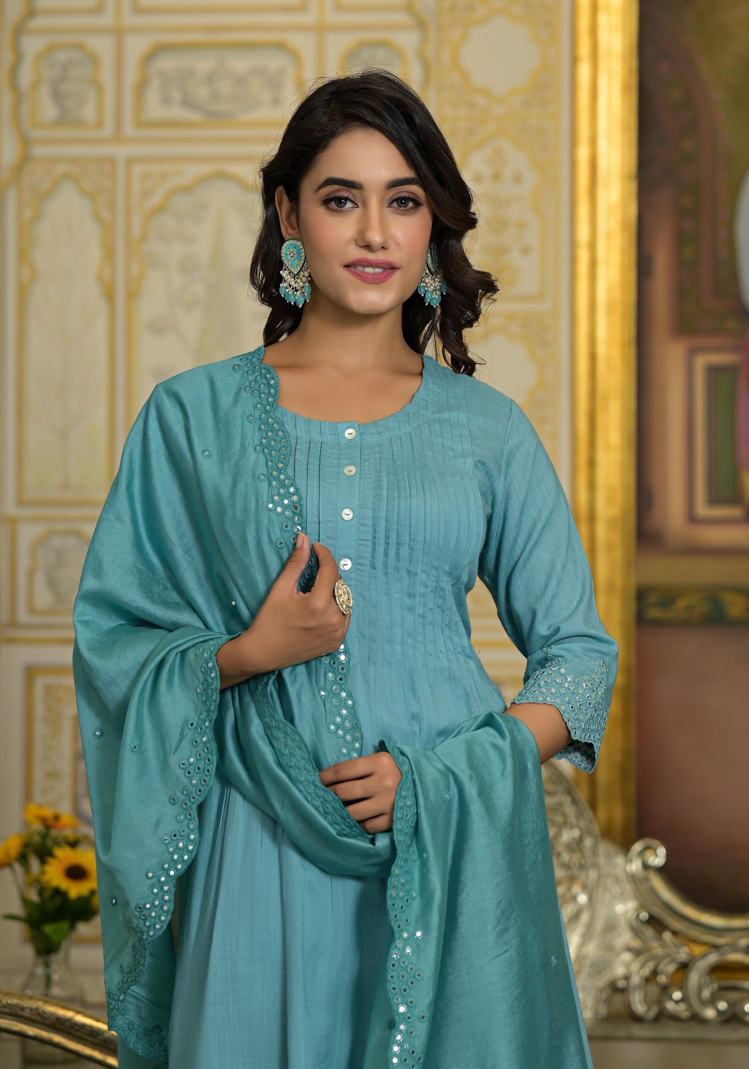 Sky Blue Mirror Embroidered Liva Rayon Kurta Pant And Dupatta Set With Lace & Button Detail