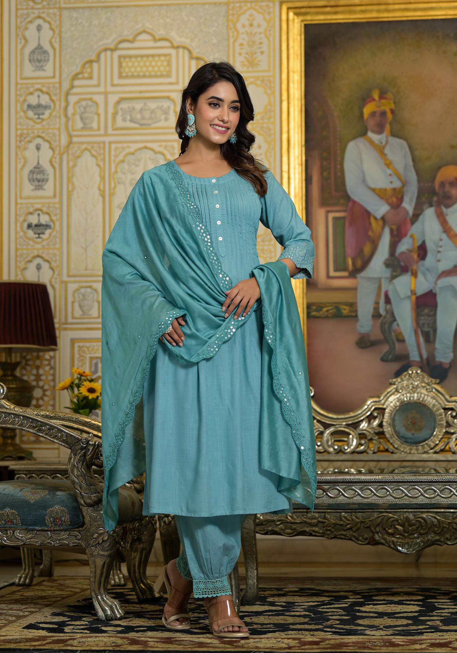 Sky Blue Mirror Embroidered Liva Rayon Kurta Pant And Dupatta Set With Lace & Button Detail